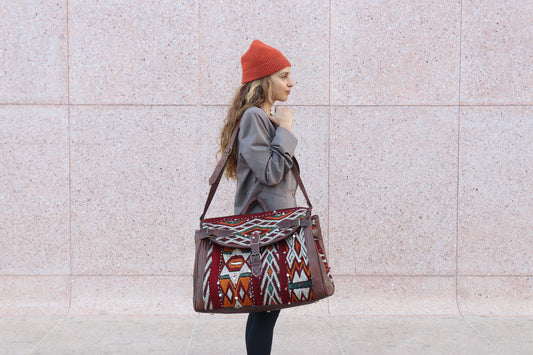 Kilim Travel Bag, Leather Kilim duffle Bag, Moroccan Kilim duffle travel bag, Duffle Bag, Leather duffle bag, Unisex Kilim Weekender Bag