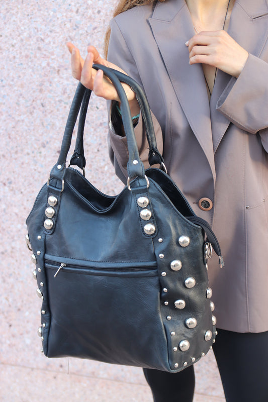 Brown Studded Leather bag, women Leather dot Studded tote bag, Studded leather handbag, Black leather studded bag, gothic rivets Leather Bag