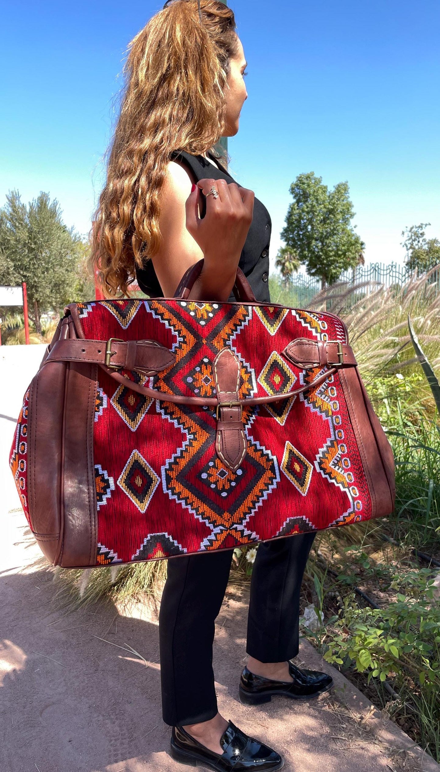 Moroccan Leather Kilim duffle Bag, Black Kilim duffle travel bag, Leather duffle bag, Unisex Kilim Weekender Bag, hipster duffle travel bag