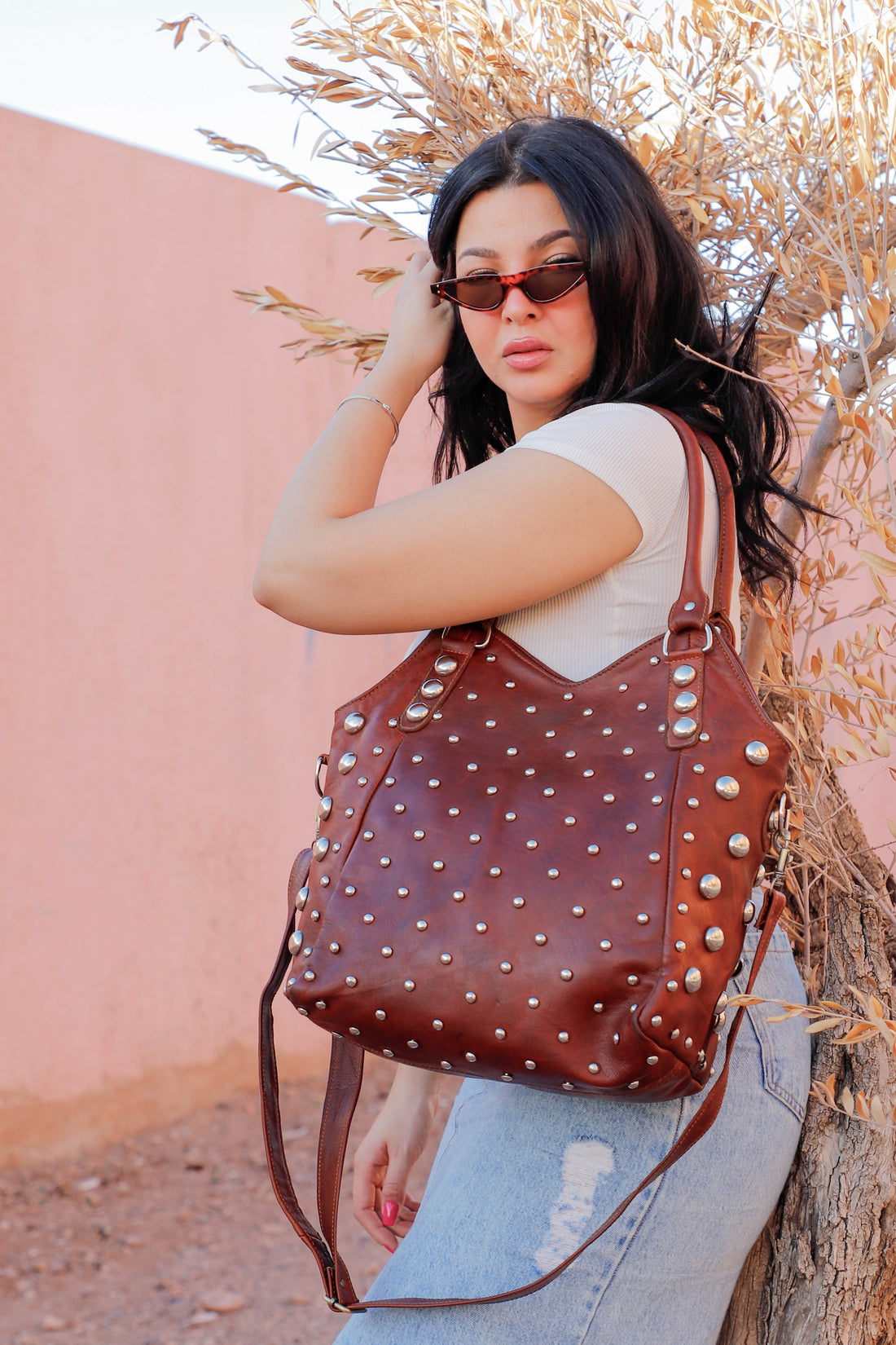 Leather Dot Studded Tote Bag