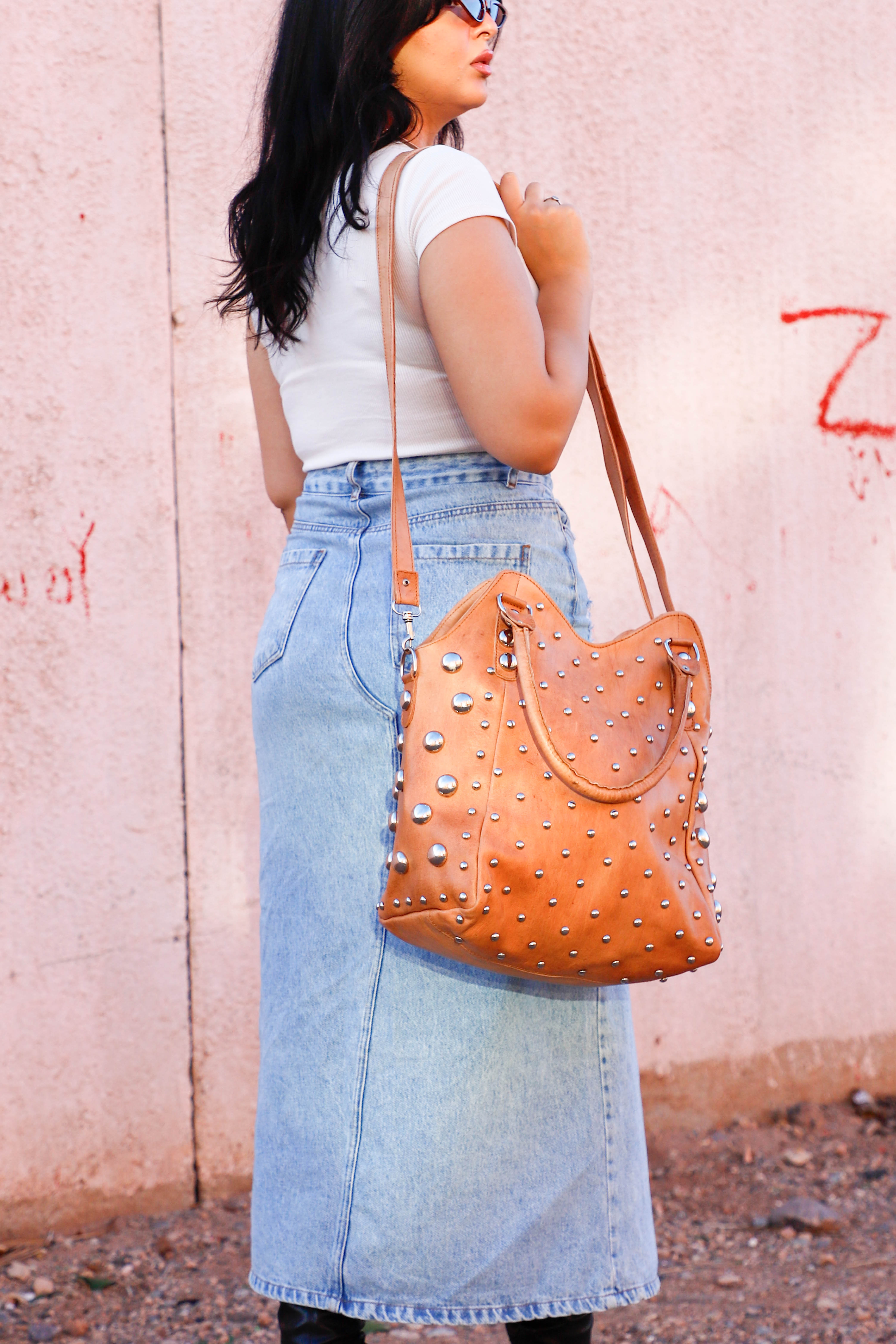 Leather Dot Studded Tote Bag