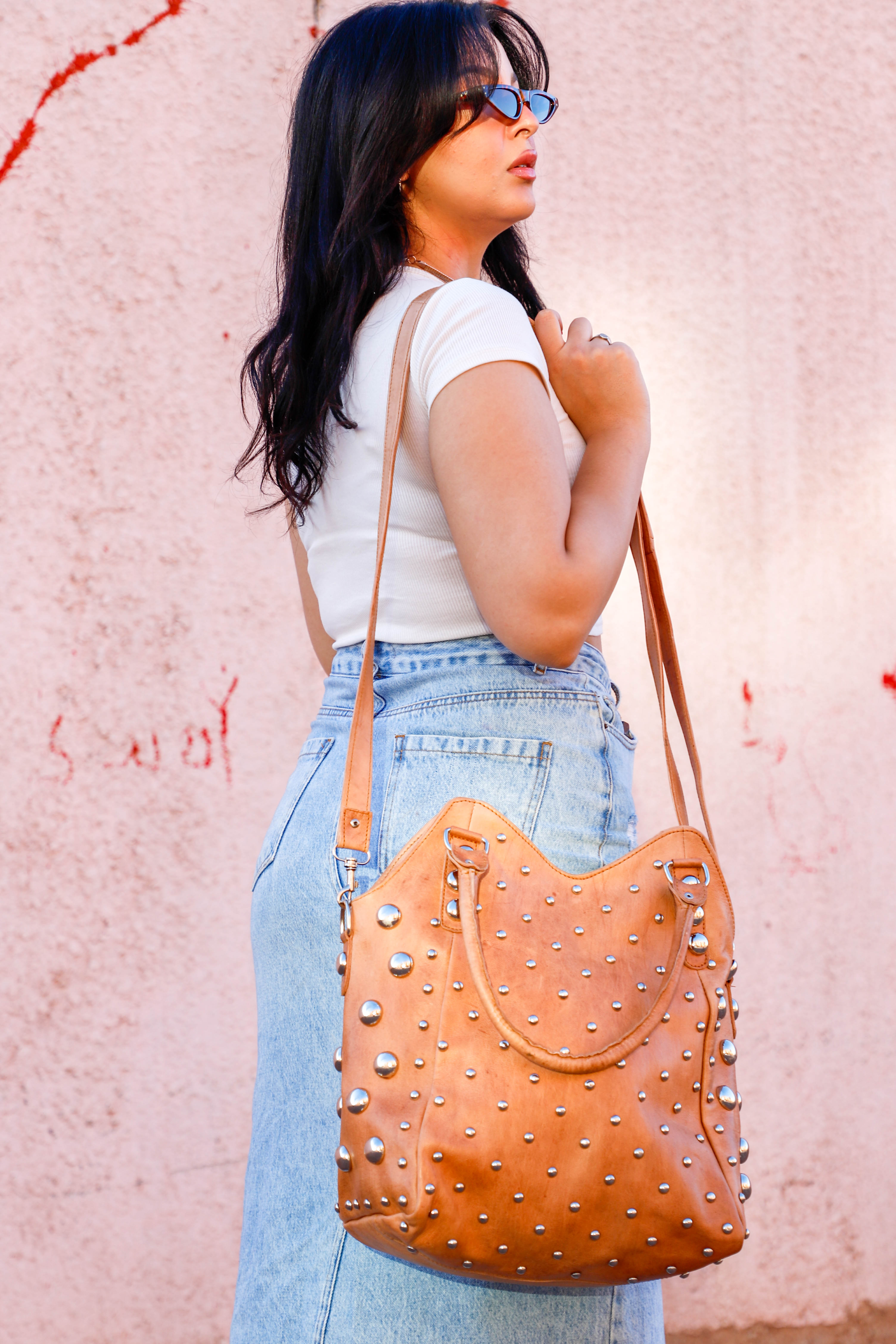 Leather Dot Studded Tote Bag