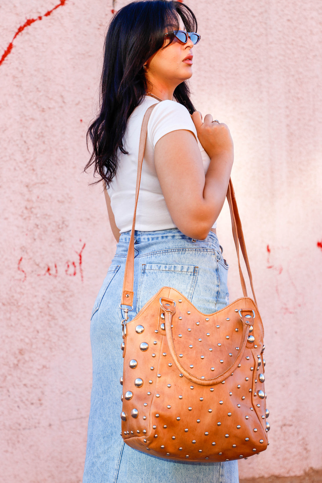 Leather Dot Studded Tote Bag