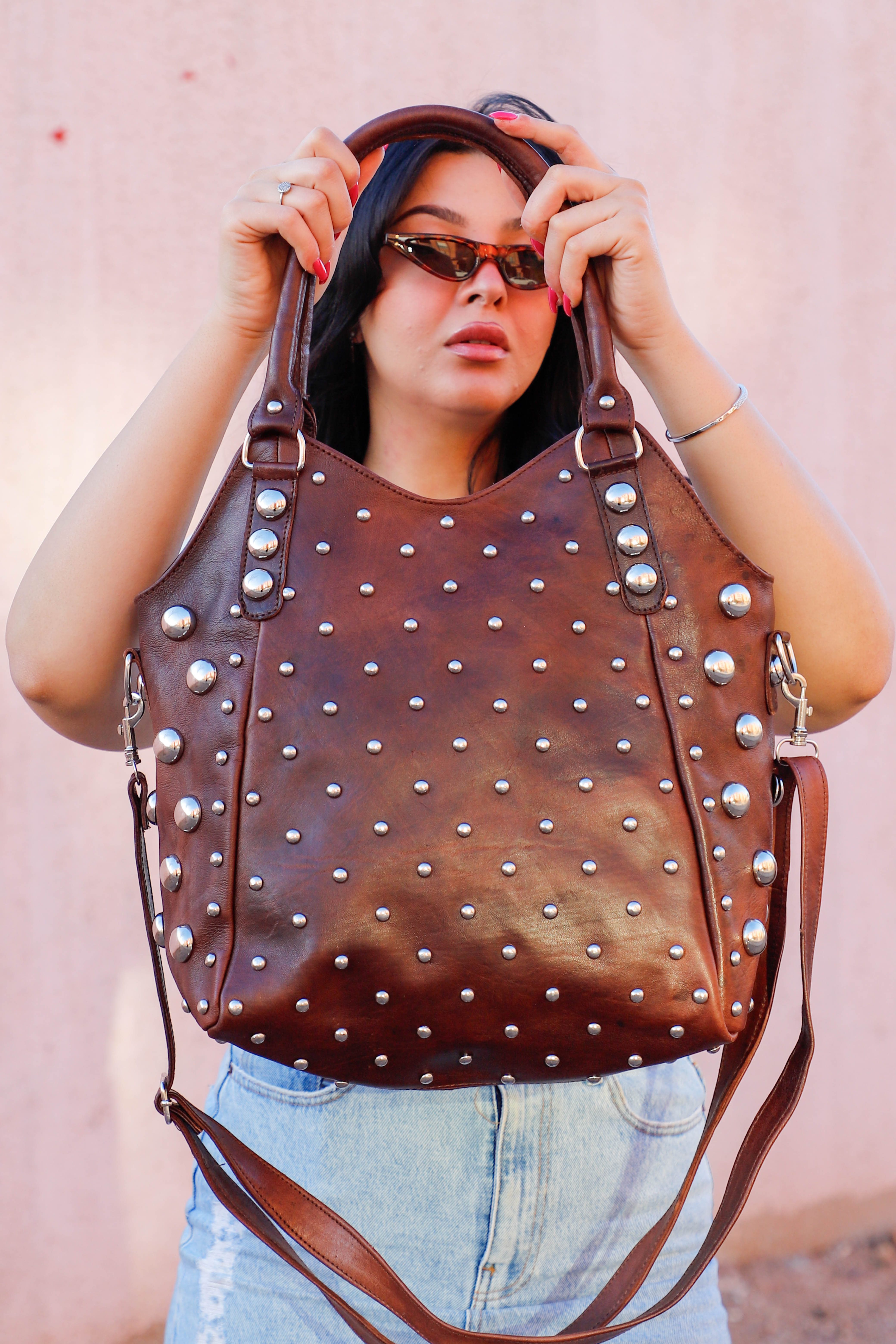 Leather Dot Studded Tote Bag