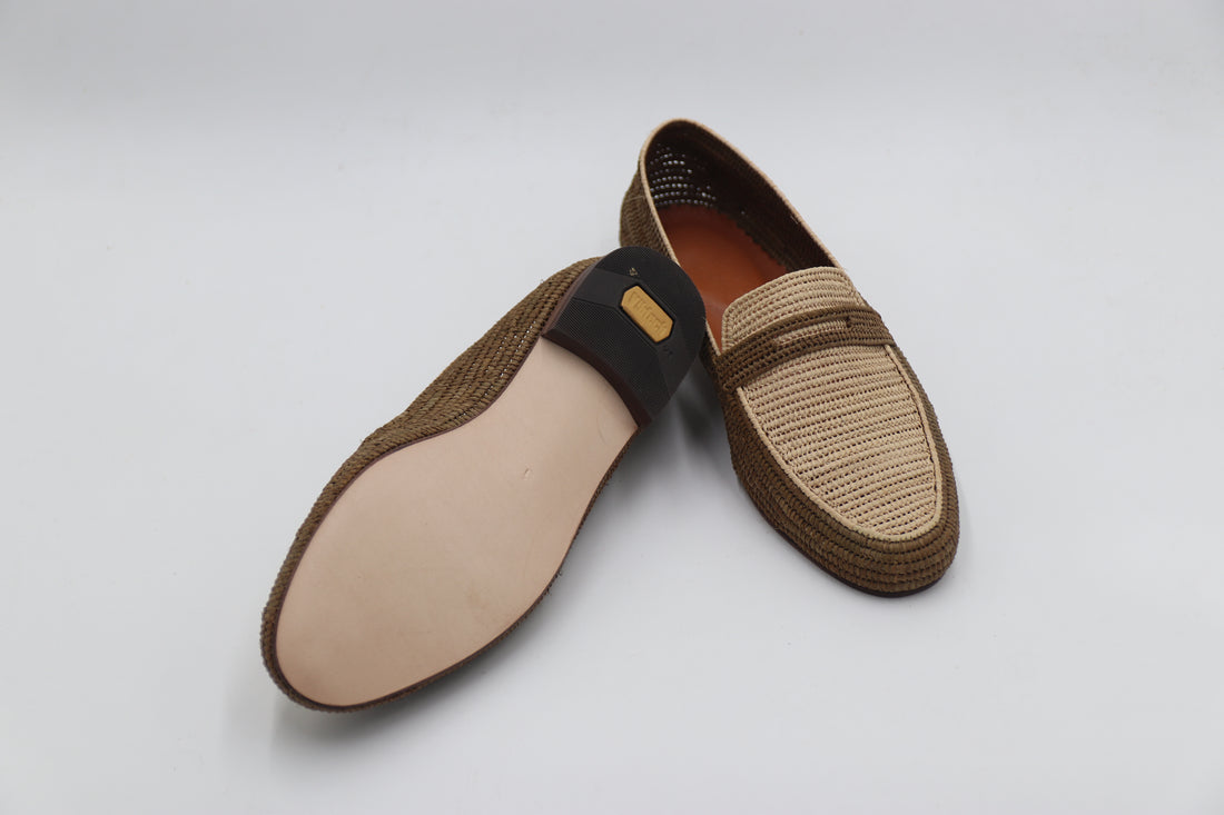 Man wearing Handmade Raffia Loafers with casual summer outfit

