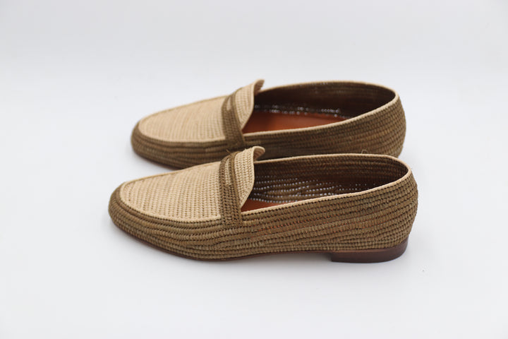 Close-up of natural raffia texture on men's handmade loafer
