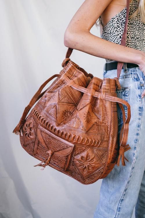 Moroccan Leather Drawstring Bag