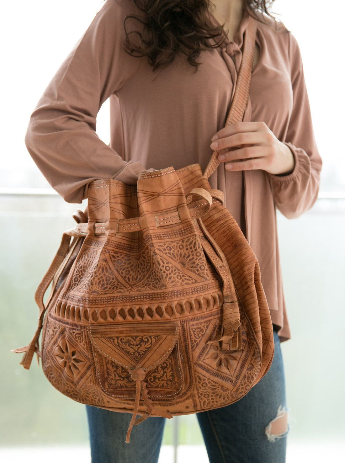 Moroccan Leather Drawstring Bag
