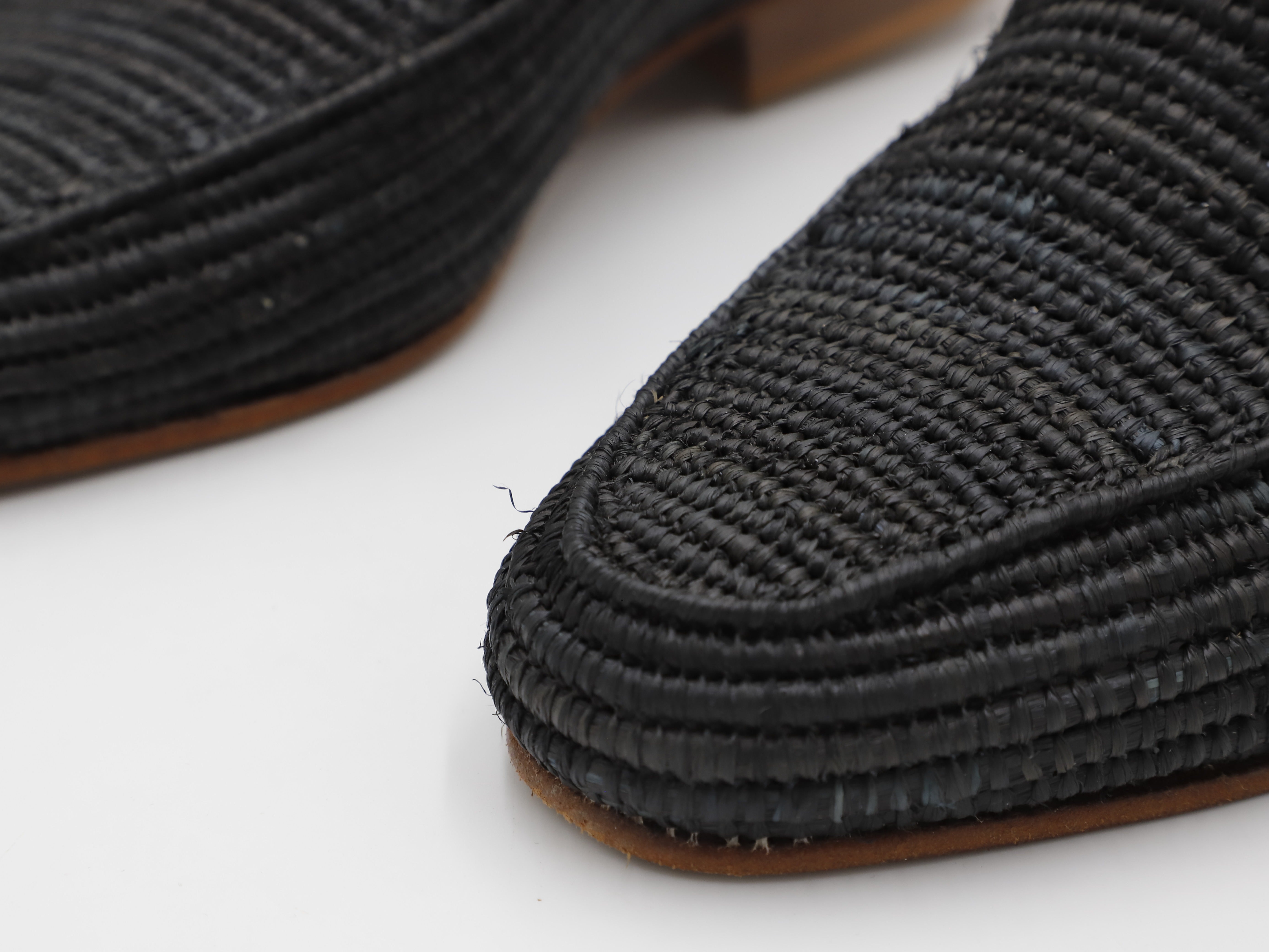 Close-up detail of handwoven raffia shoe texture