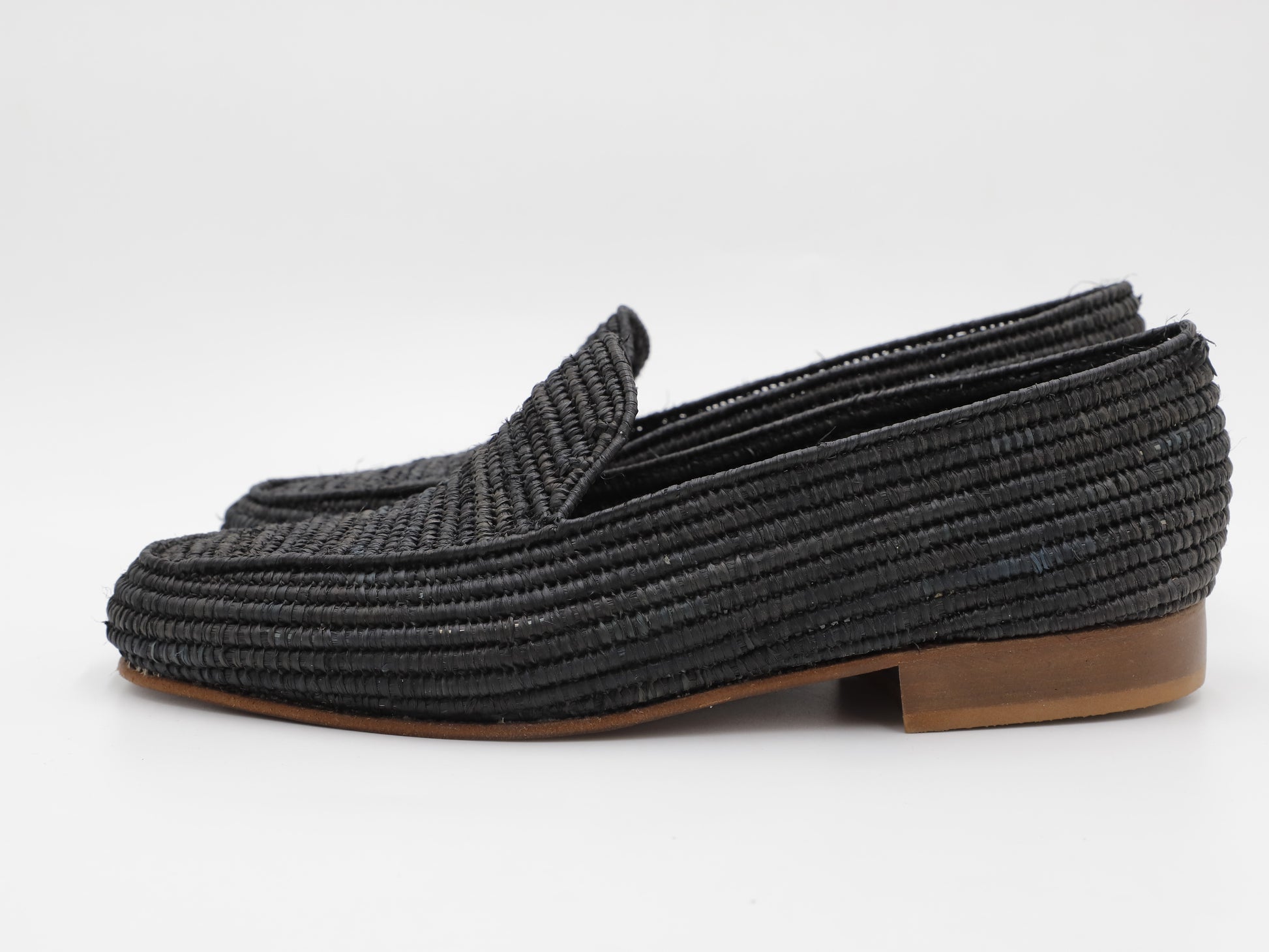 Close-up of natural raffia fiber weaving in men's summer shoes showing artisan craftsmanship