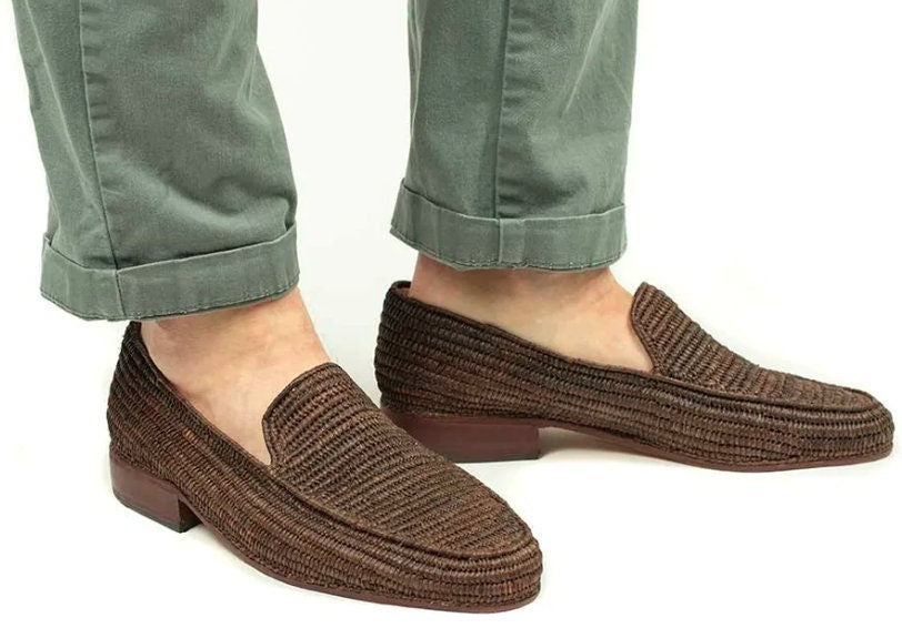 Raffia shoes for men, raffia shoes, Brown raffia moccasins, Brown loafer raffia, loafer shoes raffia, handmade raffia shoes, raffia mules