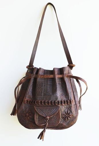 Moroccan Leather drawstring bag, Leather drawstring bag, Leather handwork bucket bag, Wanderlust Bag, Handmade Engraved  Leather Bag