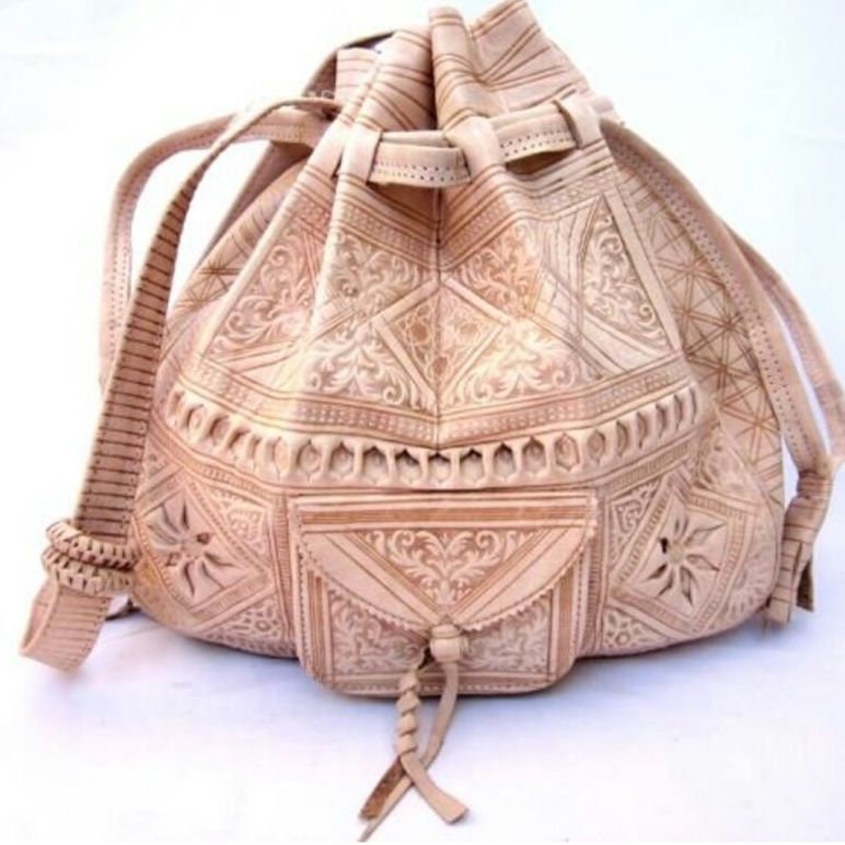Moroccan Leather drawstring bag, Leather drawstring bag, Leather handwork bucket bag, Wanderlust Bag, Handmade Engraved  Leather Bag