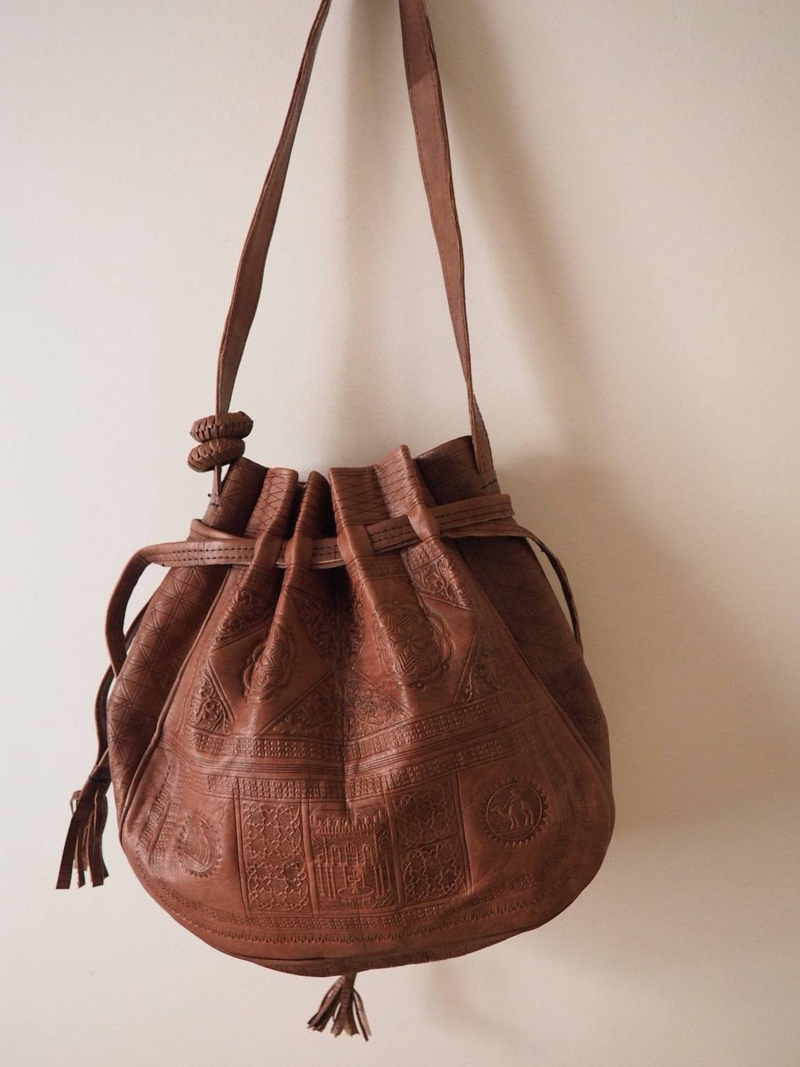 Moroccan Leather drawstring bag, Leather drawstring bag, Leather handwork bucket bag, Wanderlust Bag, Handmade Engraved  Leather Bag
