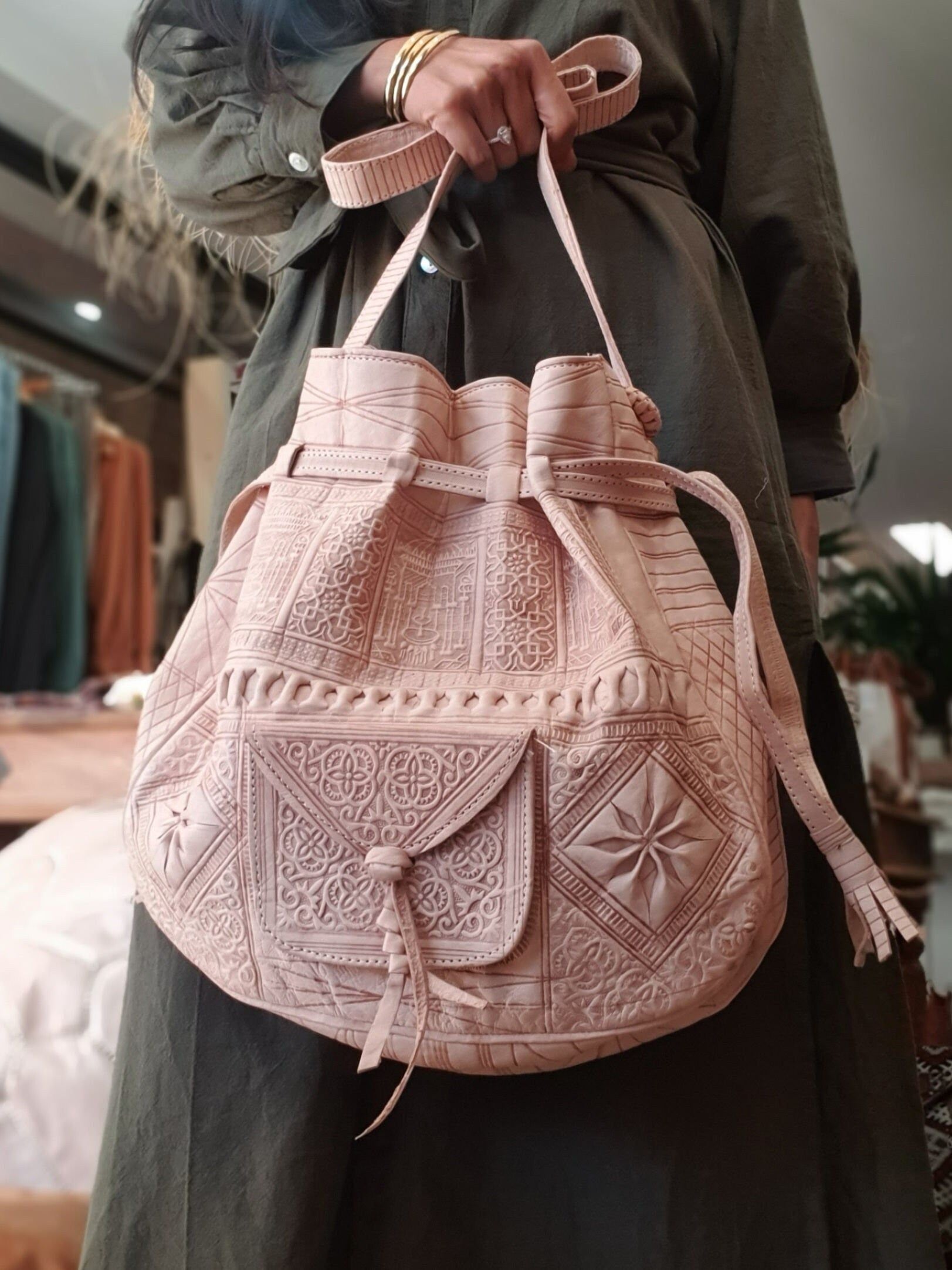 Moroccan Leather drawstring bag, Leather drawstring bag, Leather handwork bucket bag, Wanderlust Bag, Handmade Engraved  Leather Bag