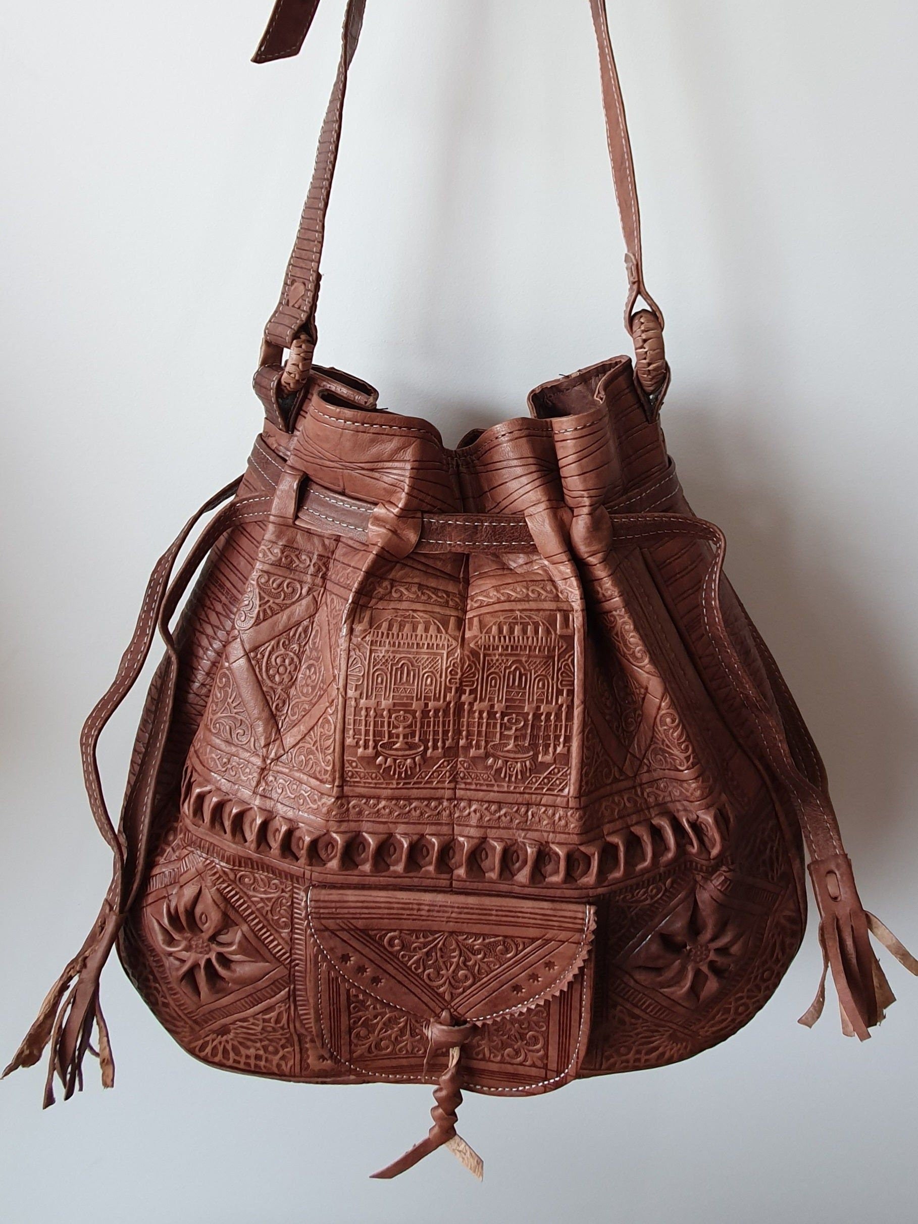 Moroccan Leather drawstring bag, Leather drawstring bag, Leather handwork bucket bag, Wanderlust Bag, Handmade Engraved  Leather Bag