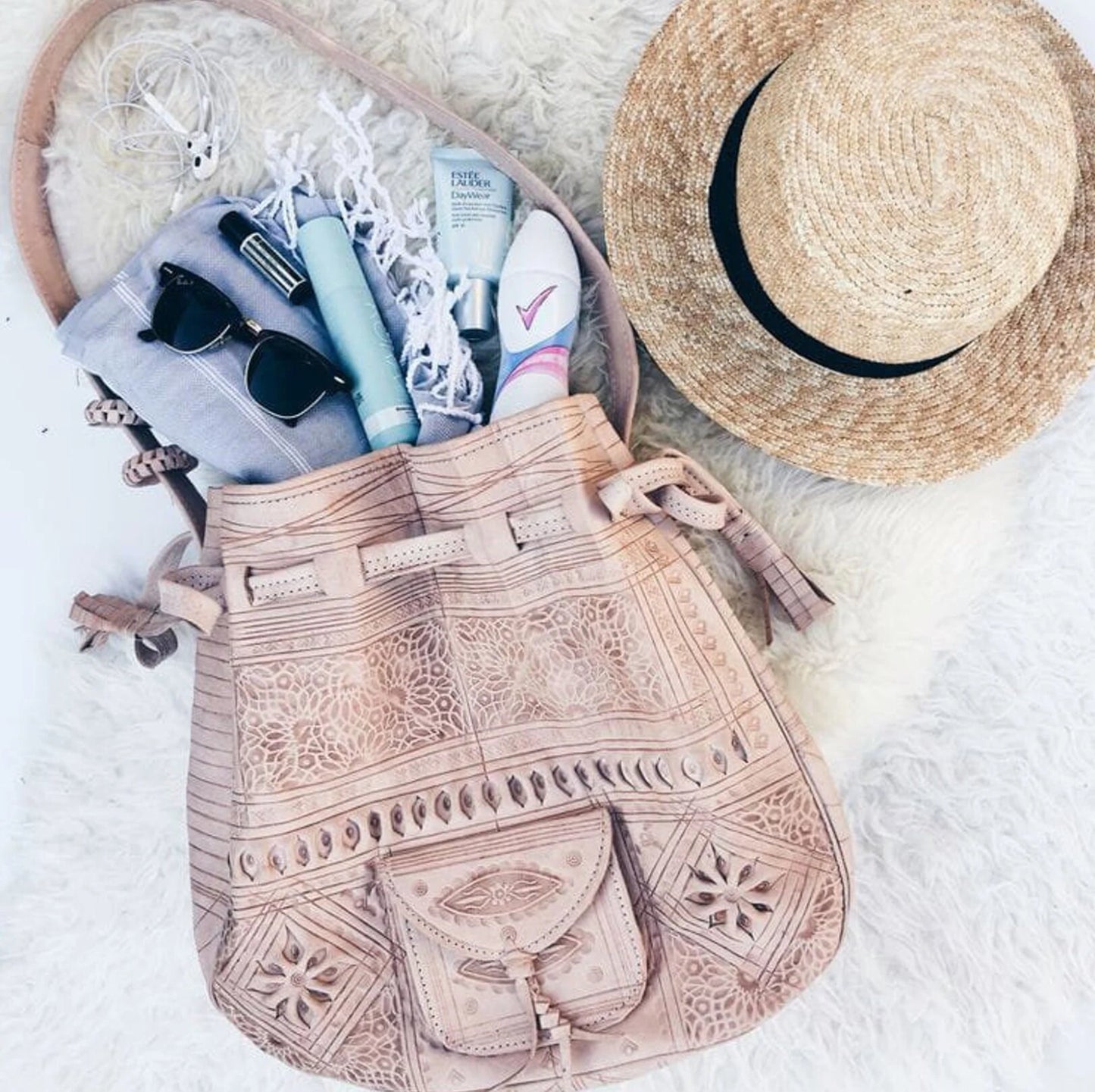 Moroccan Leather drawstring bag, Leather drawstring bag, Leather handwork bucket bag, Wanderlust Bag, Handmade Engraved  Leather Bag