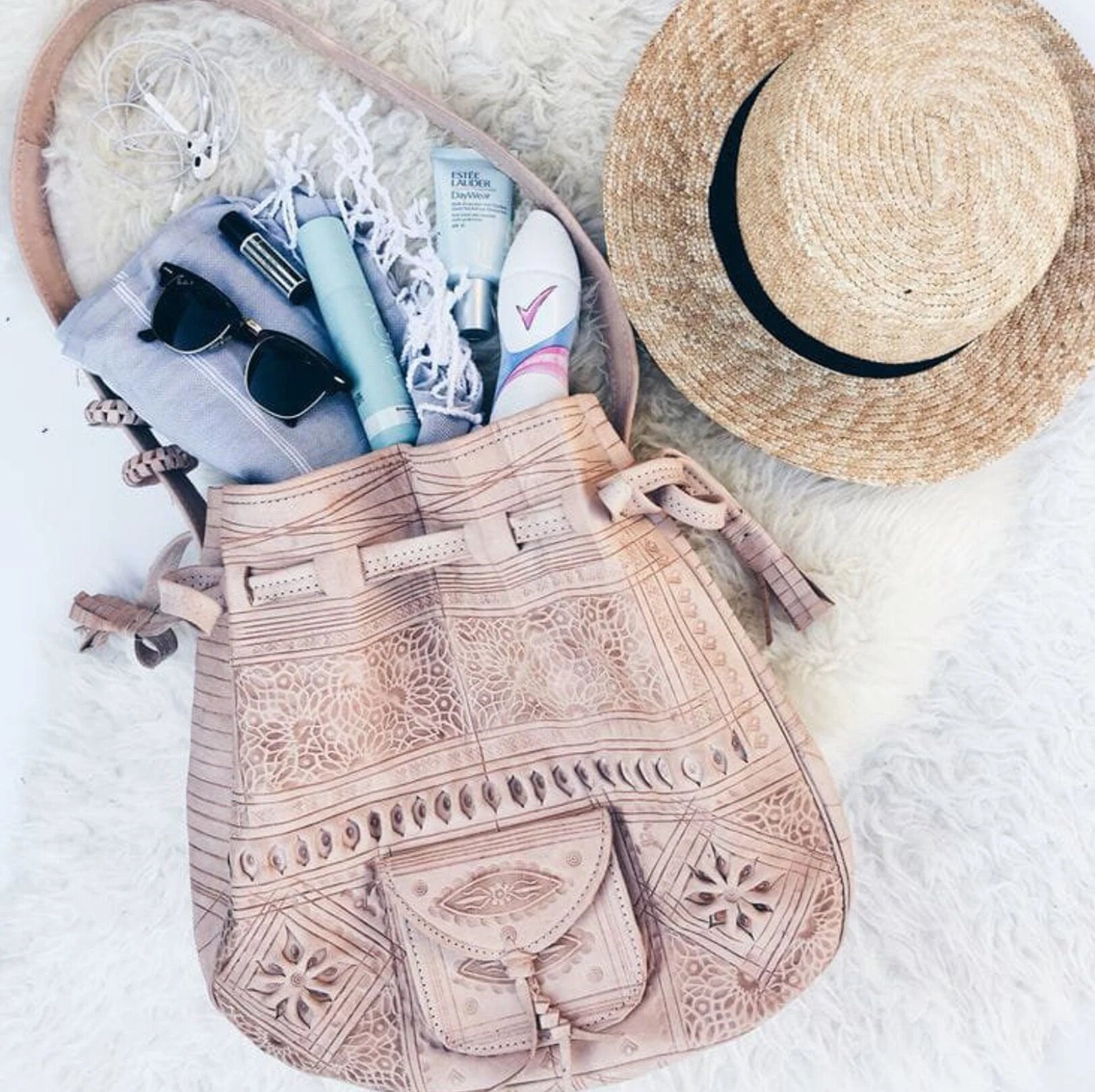 Moroccan Leather drawstring bag, Leather drawstring bag, Leather handwork bucket bag, Wanderlust Bag, Handmade Engraved  Leather Bag