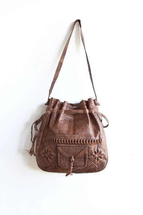Moroccan Leather drawstring bag, Leather drawstring bag, Leather handwork bucket bag, Wanderlust Bag, Handmade Engraved  Leather Bag