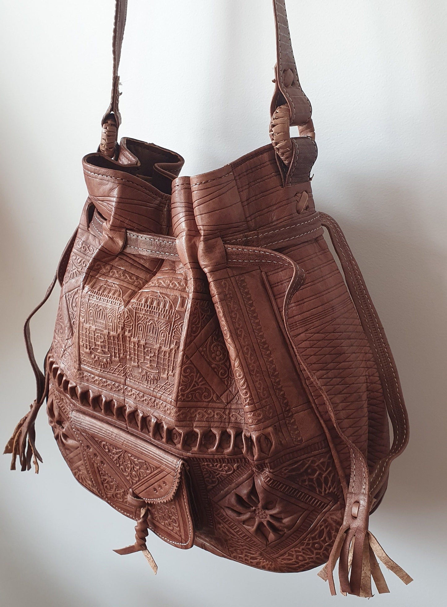 Moroccan Leather drawstring bag, Leather drawstring bag, Leather handwork bucket bag, Wanderlust Bag, Handmade Engraved  Leather Bag
