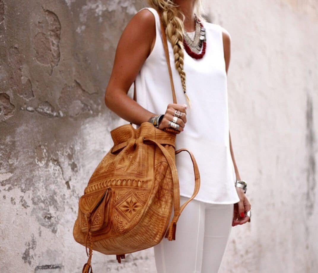 Moroccan Leather drawstring bag, Leather drawstring bag, Leather handwork bucket bag, Wanderlust Bag, Handmade Engraved  Leather Bag