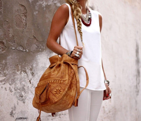 Moroccan Leather drawstring bag, Leather drawstring bag, Leather handwork bucket bag, Wanderlust Bag, Handmade Engraved  Leather Bag