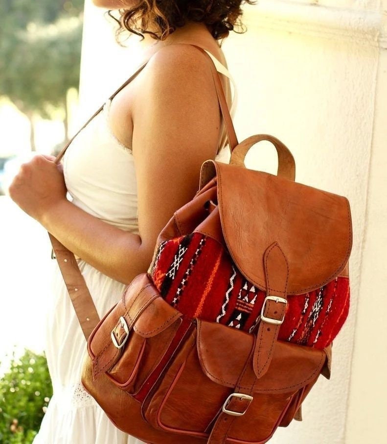 Leather Kilim Backpack for men, kilim backpack for women, Moroccan unisex Kilim bag ,Moroccan Rucksack backpack, bohemian kilim backpack