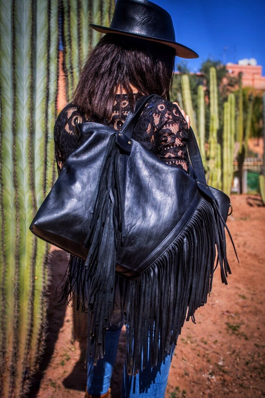 Black Fringe western purse, black Leather Fringe purse, Moroccan black Fringed tote bag, black Boho cowgirl bag, black fringr boho crossbody