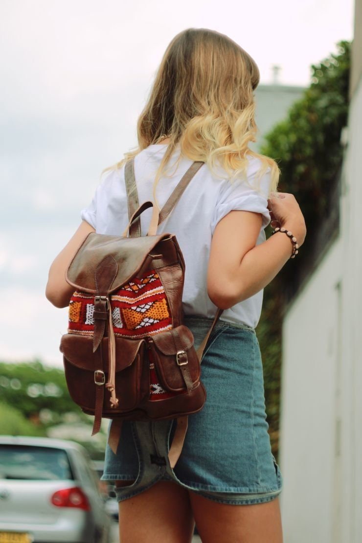 Kilim Backpack, Bag genuine black leather, unisex Kilim bag , Kilim Travel Bag, Hipster backpack, Rucksack backpack, bohemian kilim backpack