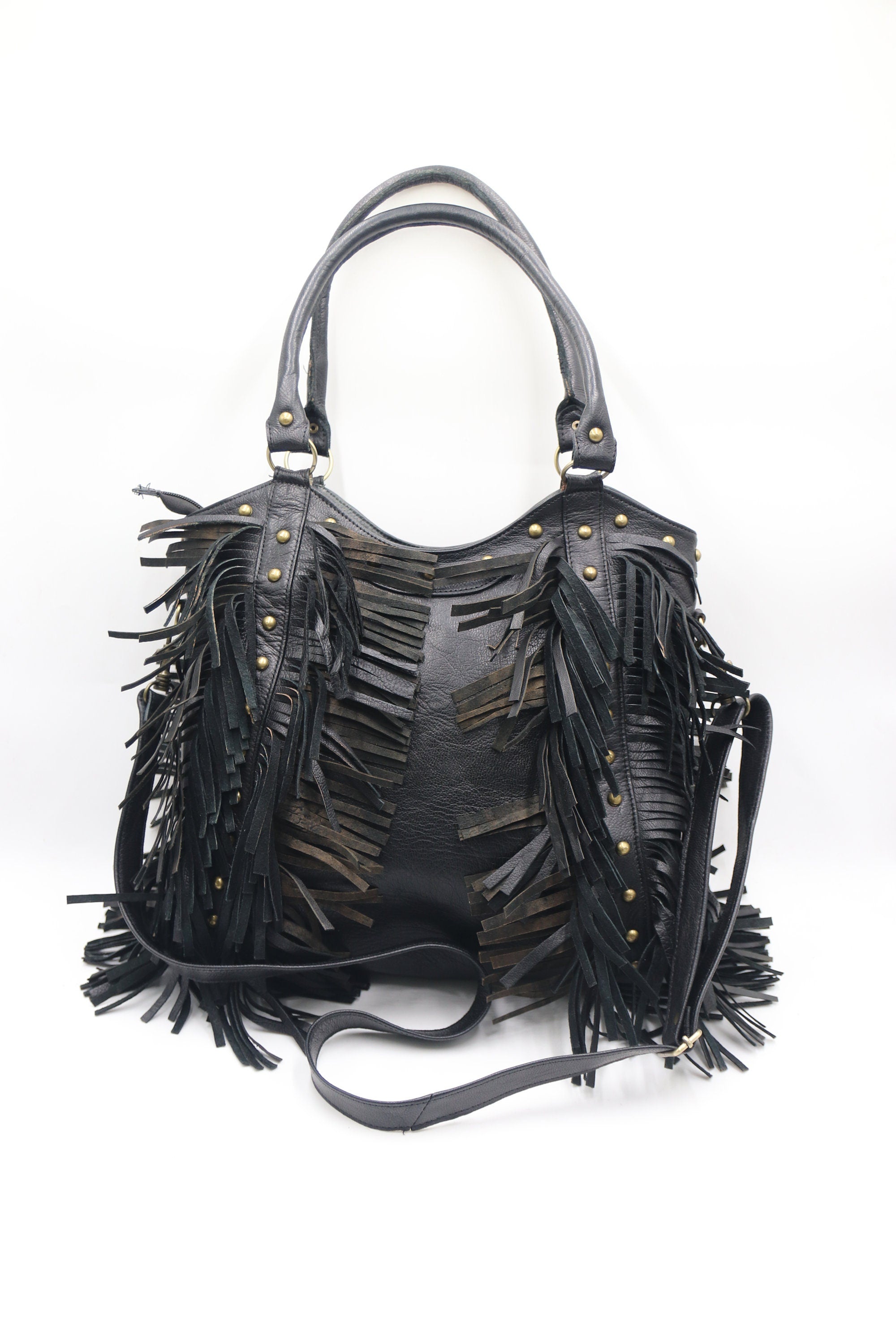 Fringe western crossbody, Leather Fringe crossbody, Fringed tote bag, Boho fringe leather purse, dot studded bag, studded fringe leather bag