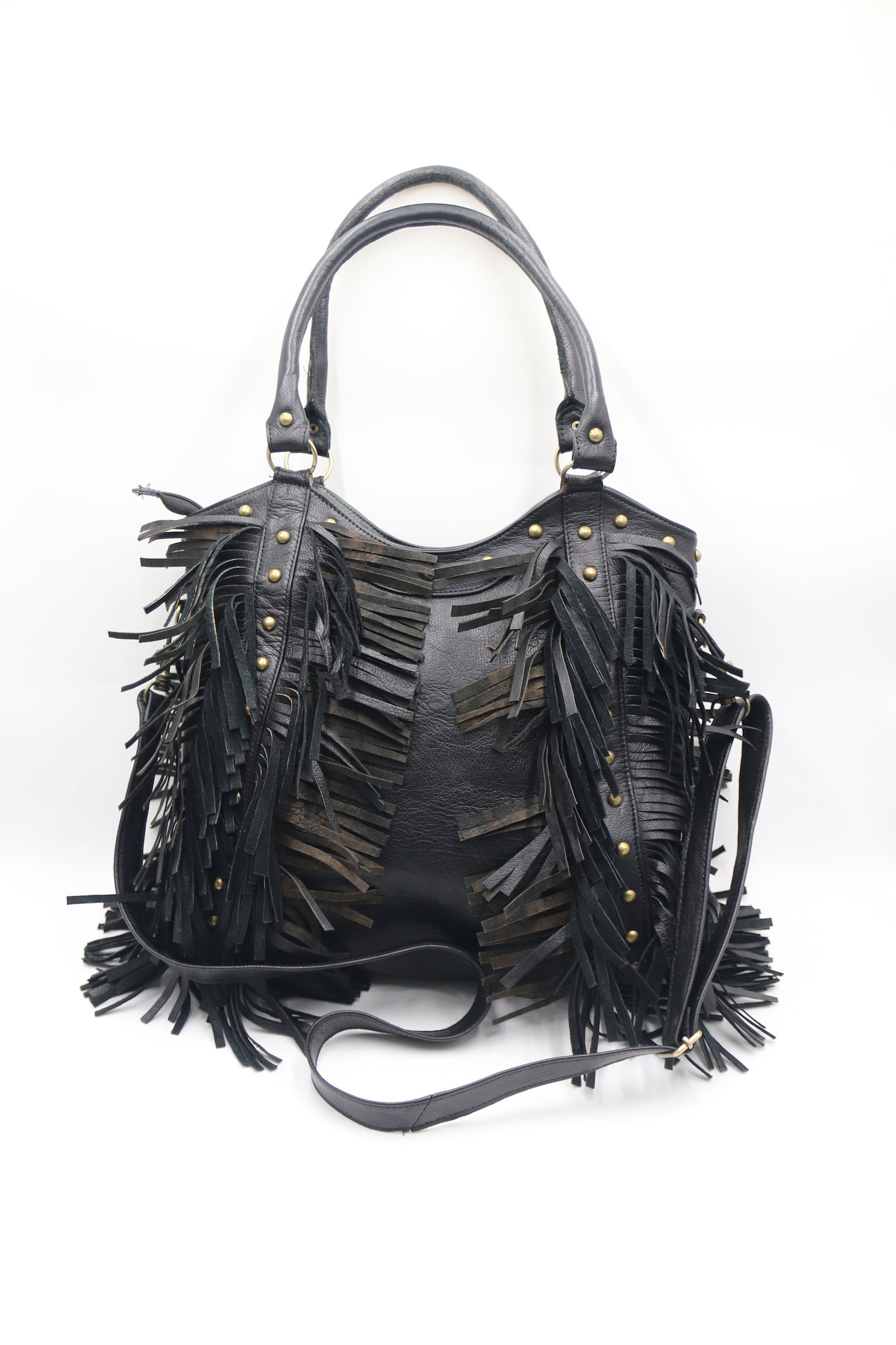 Fringe western crossbody, Leather Fringe crossbody, Fringed tote bag, Boho fringe leather purse, dot studded bag, studded fringe leather bag
