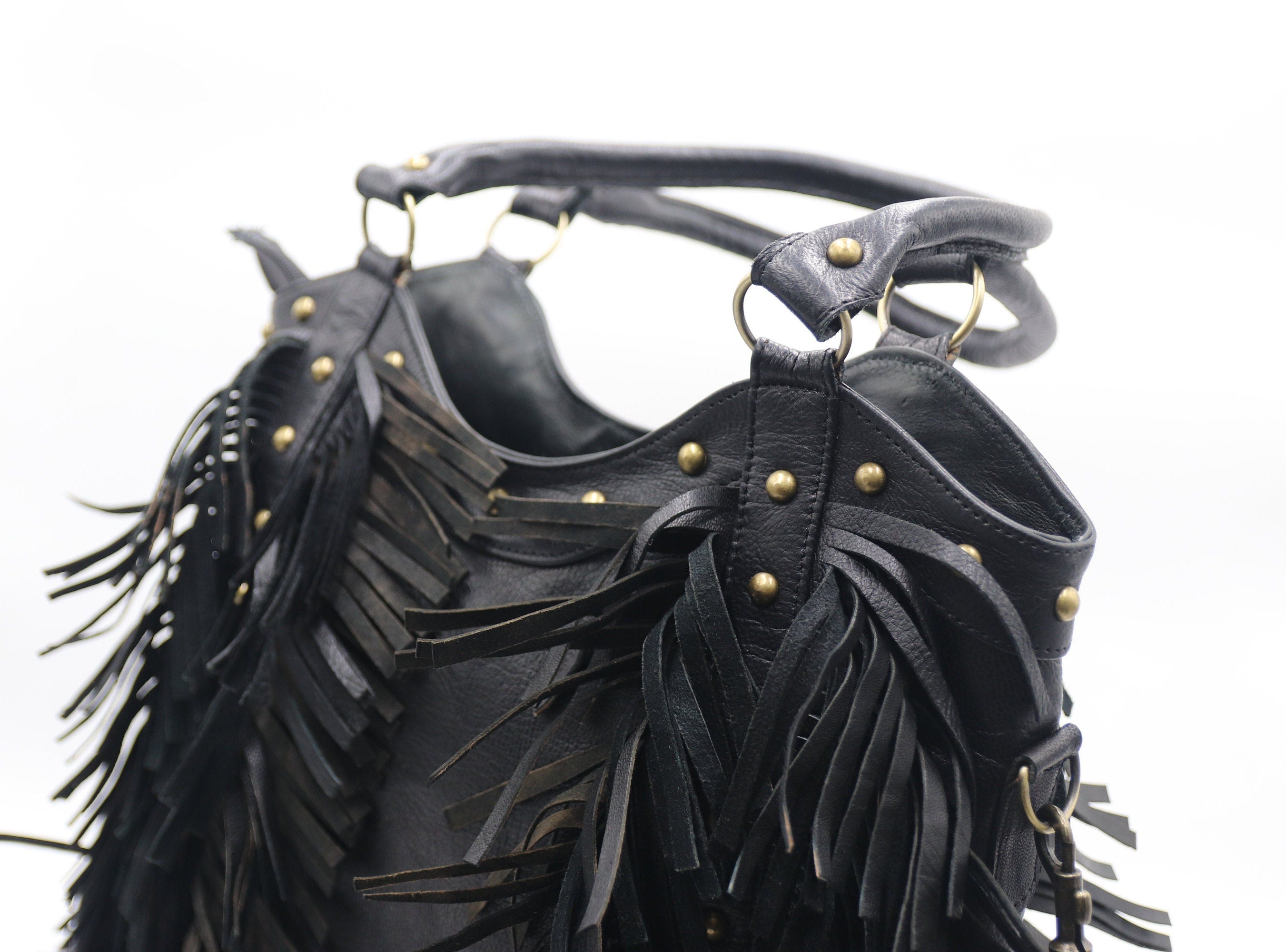 Fringe western crossbody, Leather Fringe crossbody, Fringed tote bag, Boho fringe leather purse, dot studded bag, studded fringe leather bag