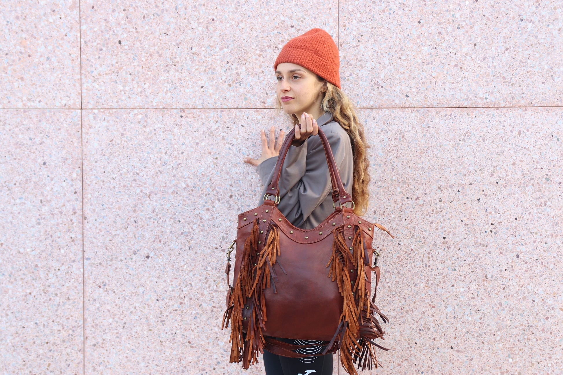 Fringe western purse, Leather Fringe purse, Fringed tote bag, Boho fringe leather purse, dot studded leather bag, studded fringe leather bag