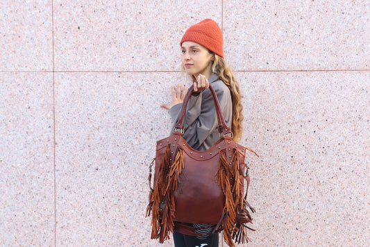 Fringe western purse, Leather Fringe purse, Fringed tote bag, Boho fringe leather purse, dot studded leather bag, studded fringe leather bag
