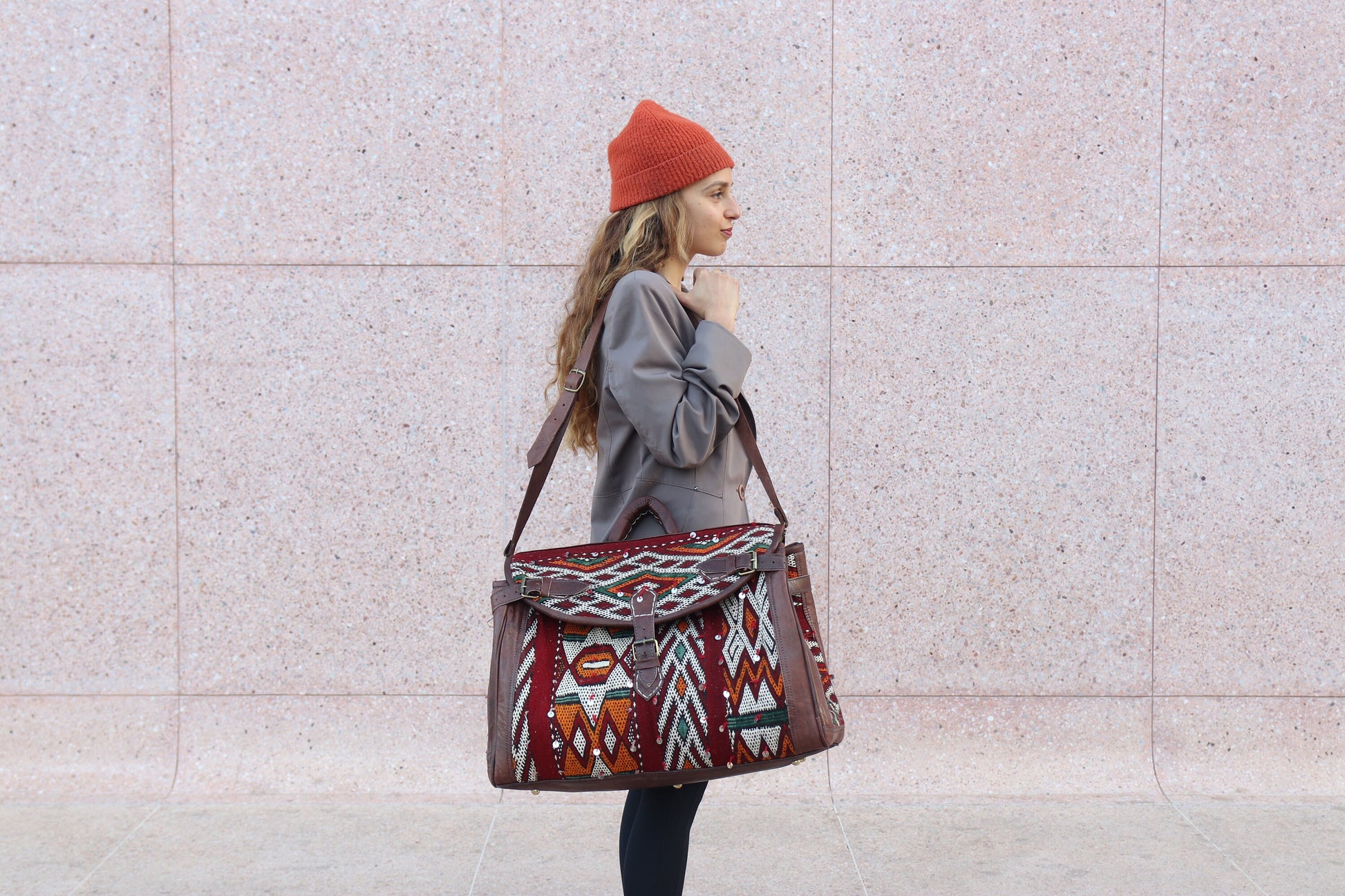 Kilim Travel Bag, Leather Kilim duffle Bag, Moroccan Kilim duffle travel bag, Duffle Bag, Leather duffle bag, Unisex Kilim Weekender Bag