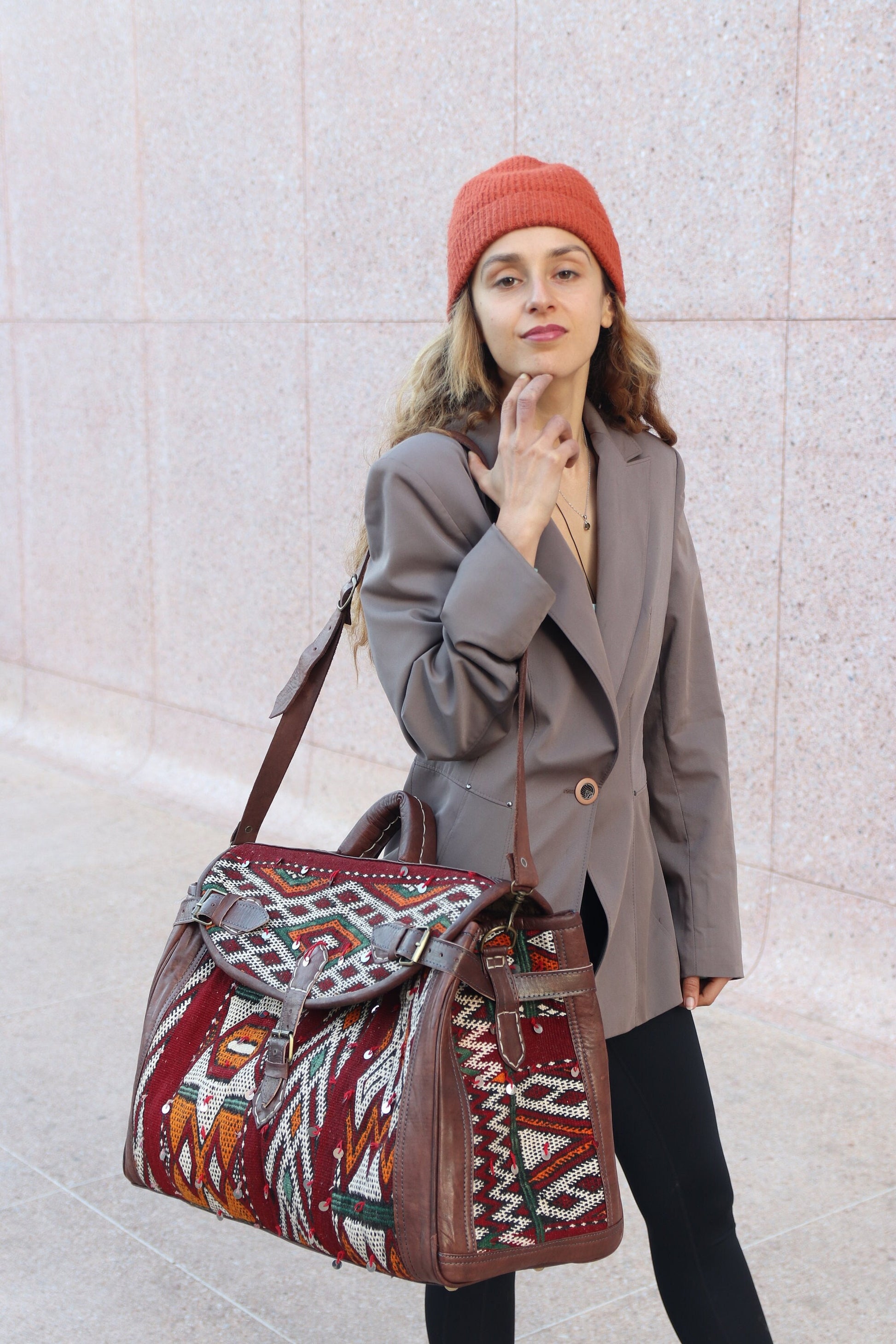 Kilim Travel Bag, Leather Kilim duffle Bag, Moroccan Kilim duffle travel bag, Duffle Bag, Leather duffle bag, Unisex Kilim Weekender Bag