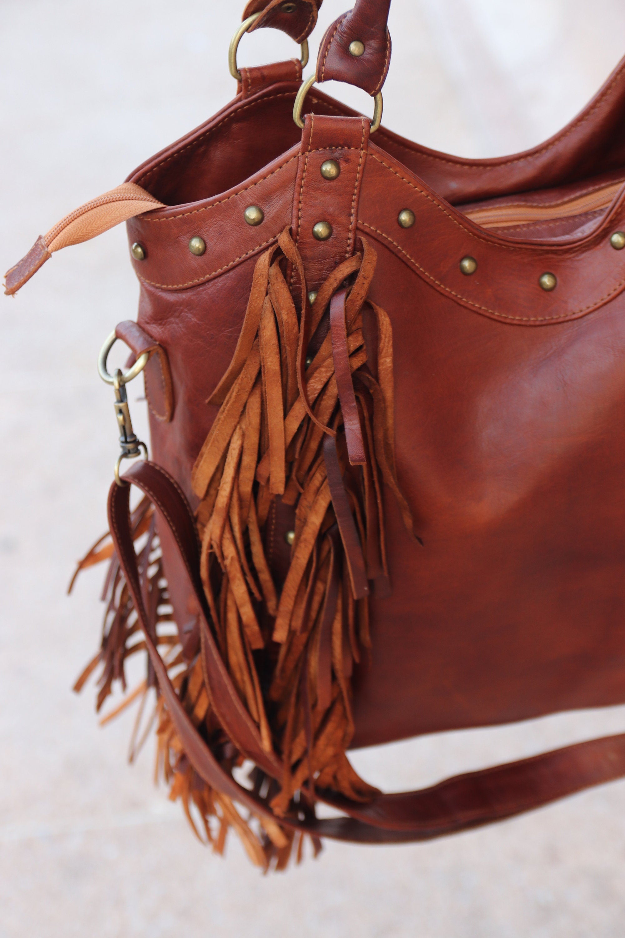Fringe western purse, Leather Fringe purse, Fringed tote bag, Boho fringe leather purse, dot studded leather bag, studded fringe leather bag