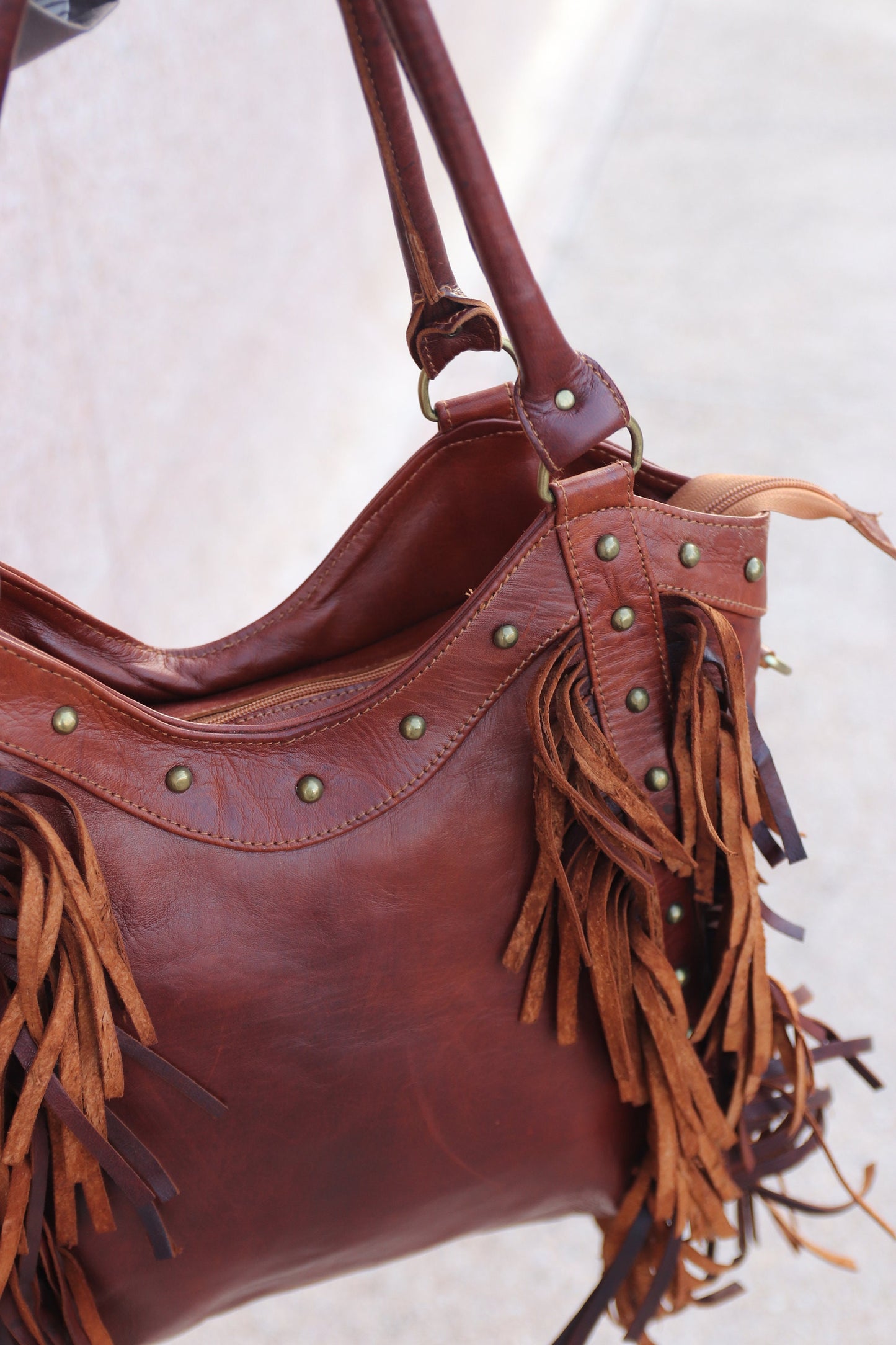Fringe western purse, Leather Fringe purse, Fringed tote bag, Boho fringe leather purse, dot studded leather bag, studded fringe leather bag