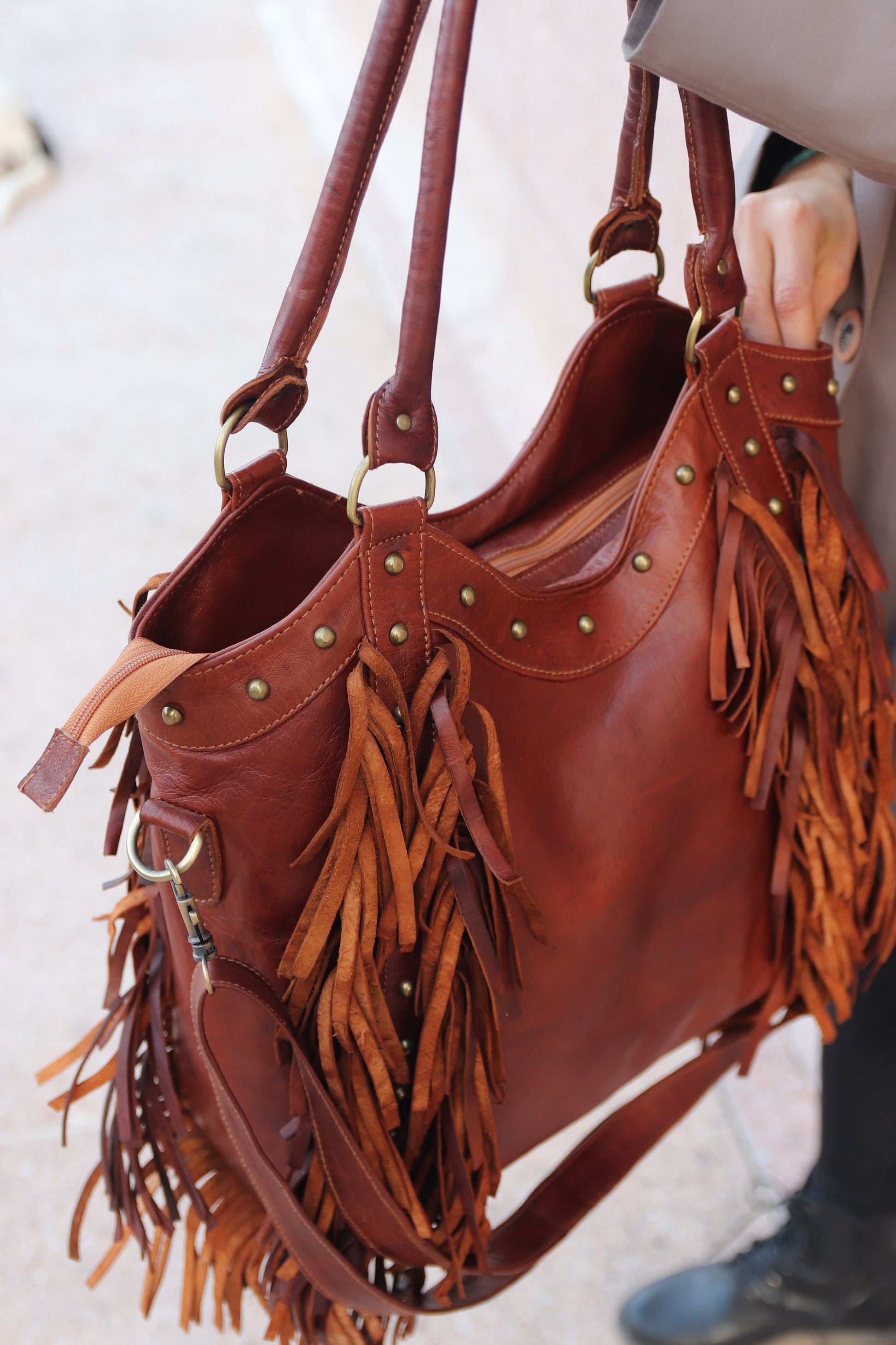Fringe western purse, Leather Fringe purse, Fringed tote bag, Boho fringe leather purse, dot studded leather bag, studded fringe leather bag