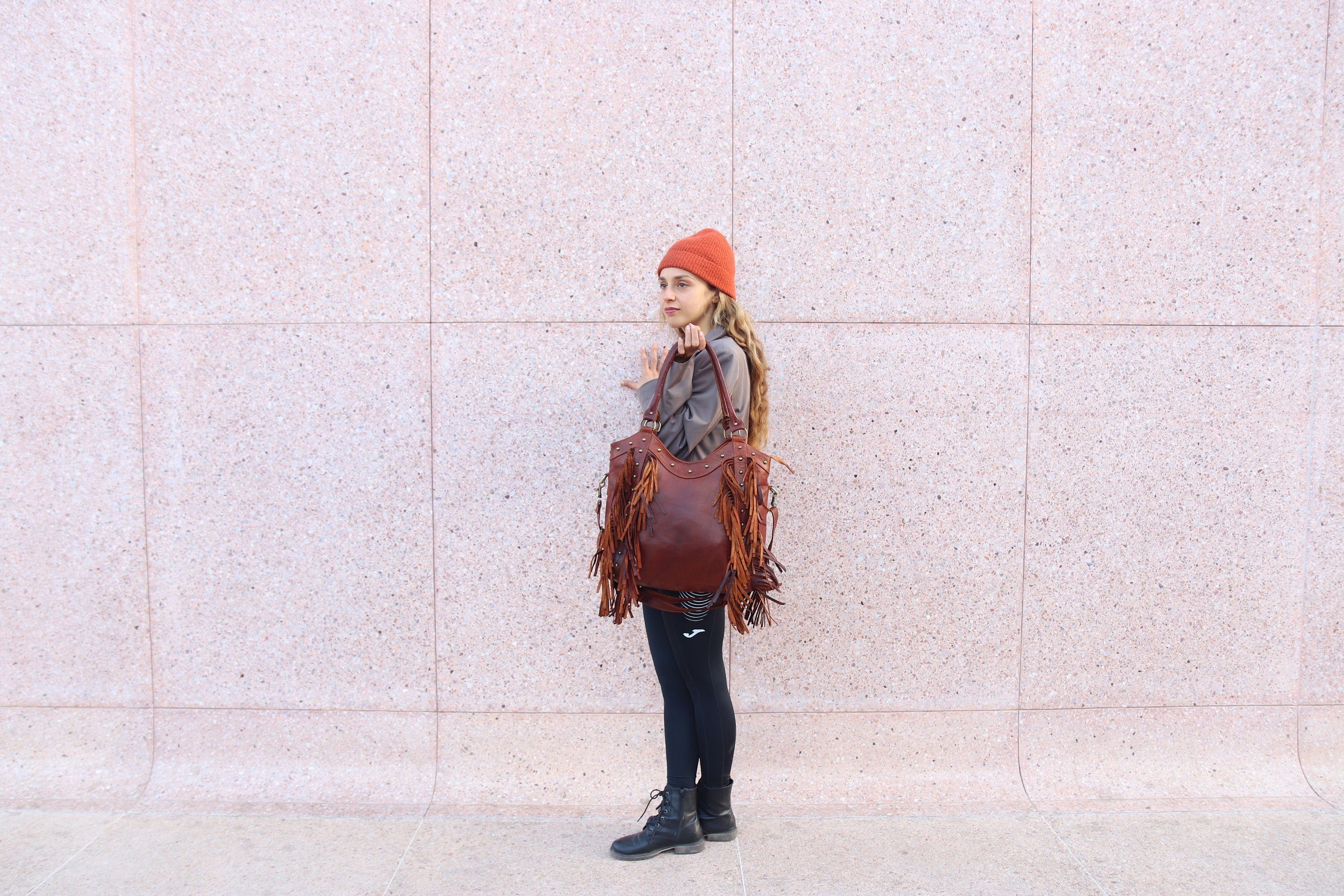 Fringe western purse, Leather Fringe purse, Fringed tote bag, Boho fringe leather purse, dot studded leather bag, studded fringe leather bag