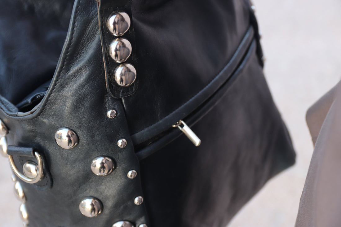 Brown Studded Leather bag, women Leather dot Studded tote bag, Studded leather handbag, Black leather studded bag, gothic rivets Leather Bag