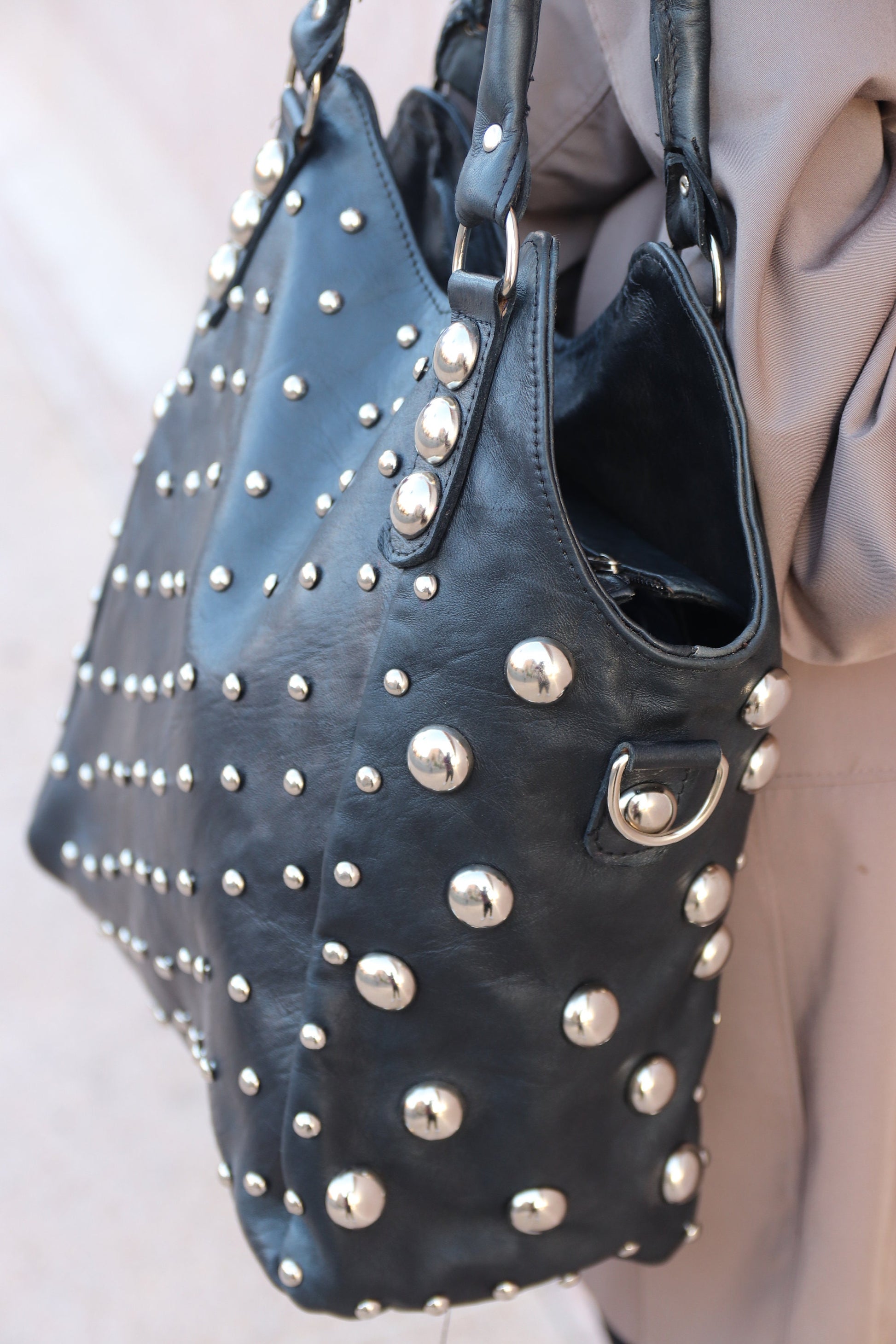 Brown Studded Leather bag, women Leather dot Studded tote bag, Studded leather handbag, Black leather studded bag, gothic rivets Leather Bag