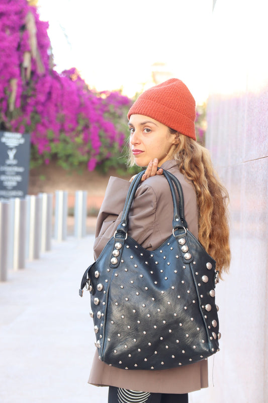 Brown Studded Leather bag, women Leather dot Studded tote bag, Studded leather handbag, Black leather studded bag, gothic rivets Leather Bag