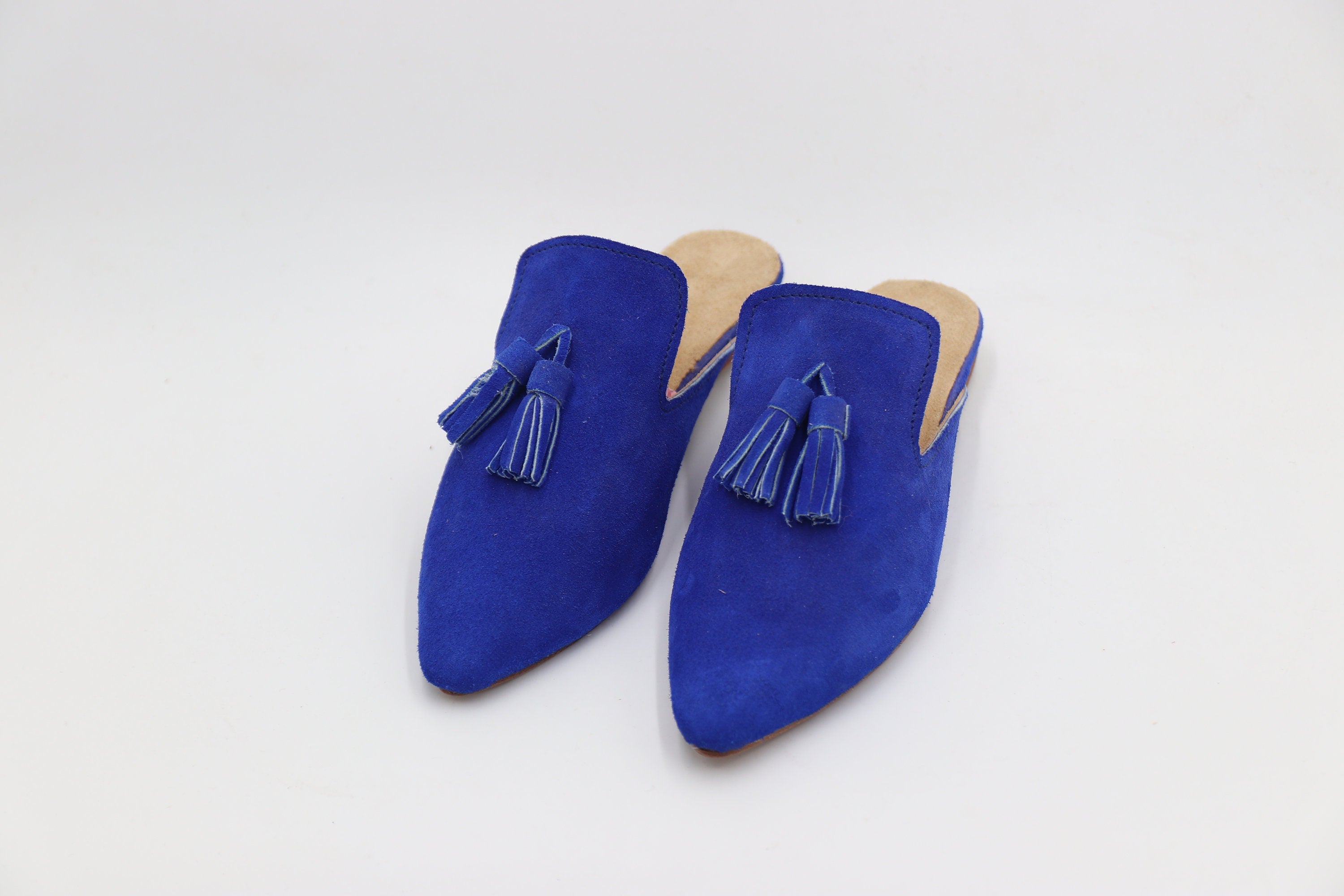 Women's Blue leather Mules, Suede Leather Mule for women, Moroccan Velvet Babouche, Premium Handmade Babouche for her, Women leather Slipper