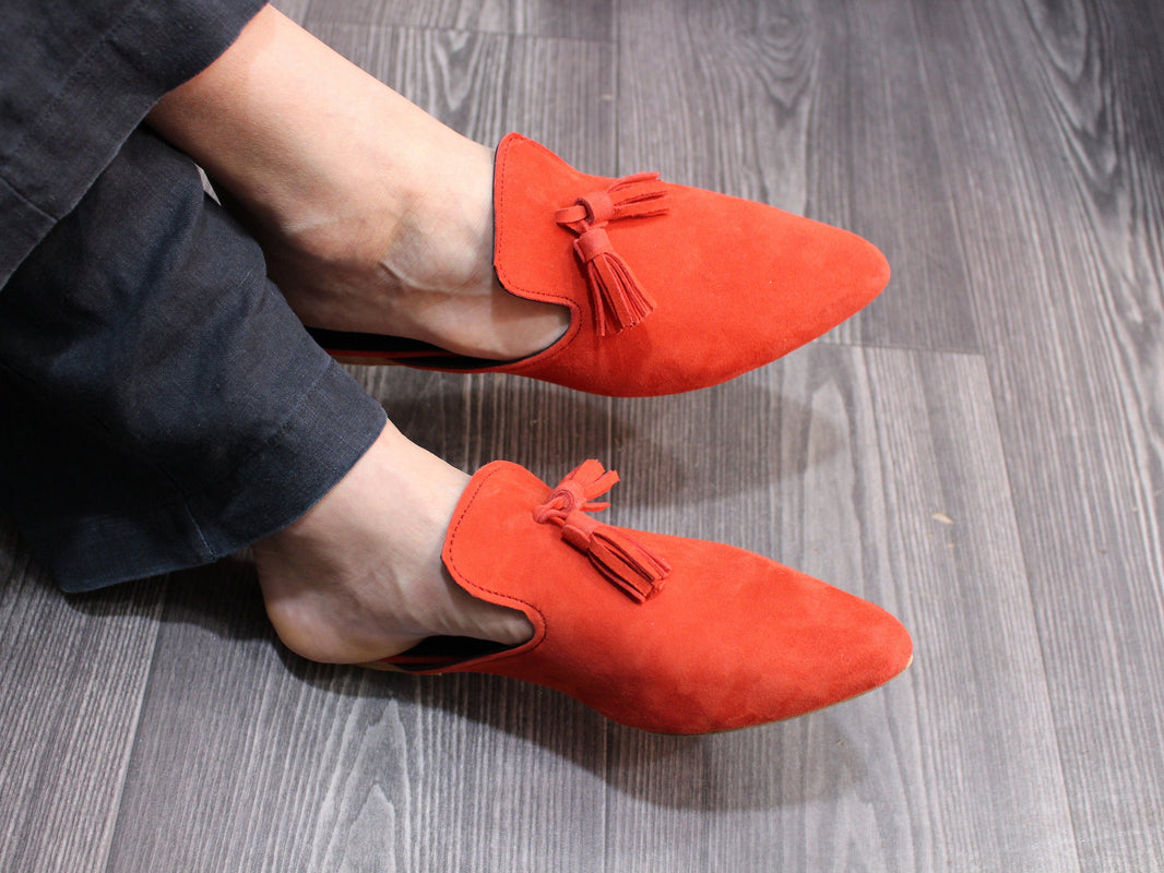 Women's Blue leather Mules, Suede Leather Mule for women, Moroccan Velvet Babouche, Premium Handmade Babouche for her, Women leather Slipper