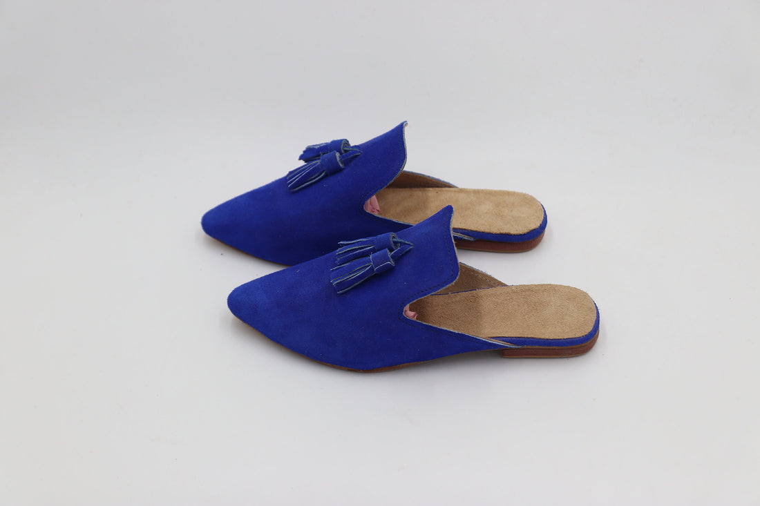 Women's Blue leather Mules, Suede Leather Mule for women, Moroccan Velvet Babouche, Premium Handmade Babouche for her, Women leather Slipper