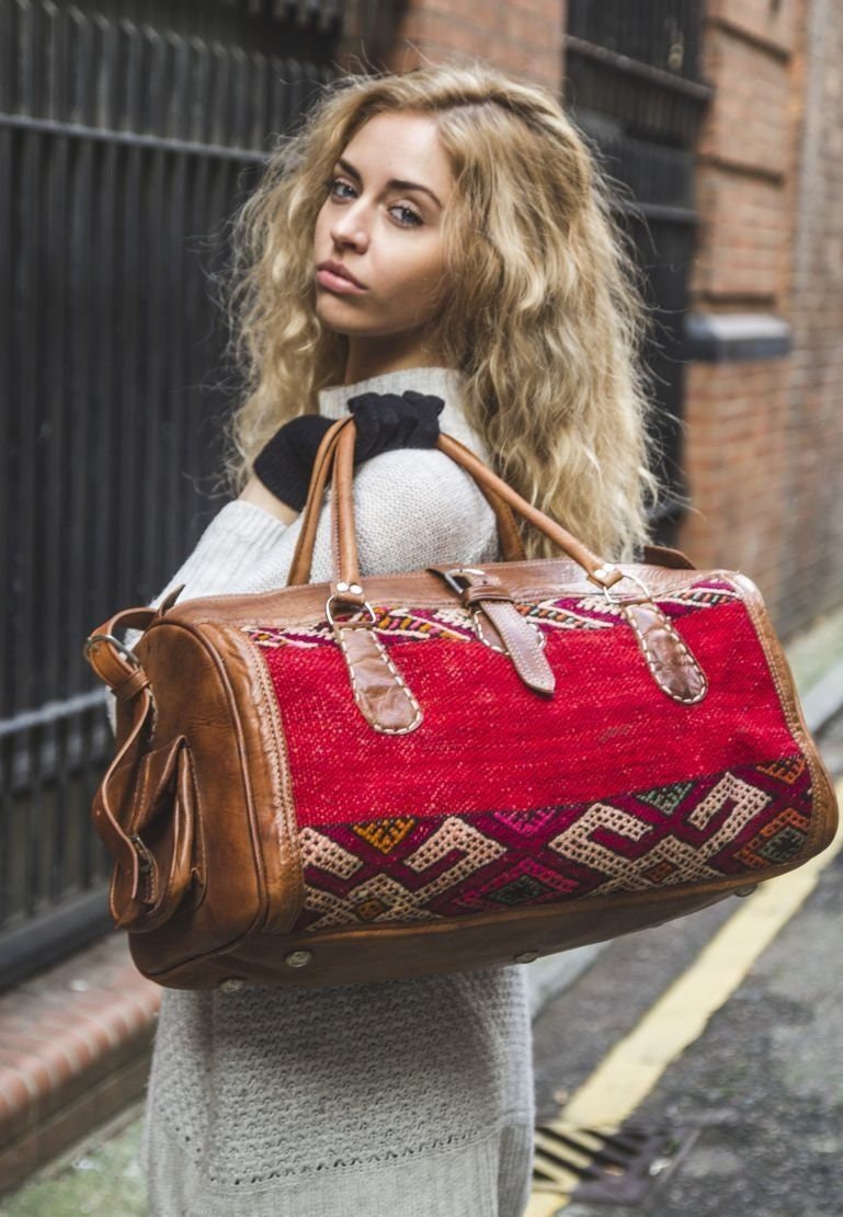Kilim duffel Bag, Leather Kilim travel bag, kilim Duffle Bag, Leather duffle bag, Unisex Kilim Weekender Bag, Moroccan hipster travel bag