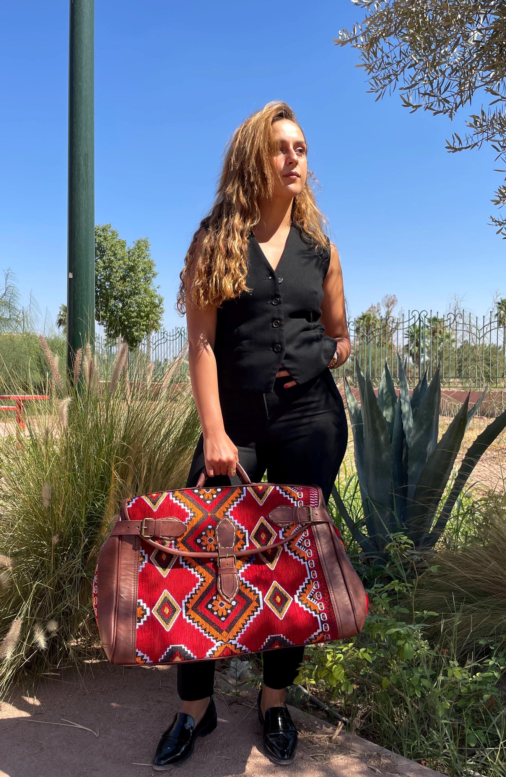 Moroccan Leather Kilim duffle Bag, Black Kilim duffle travel bag, Leather duffle bag, Unisex Kilim Weekender Bag, hipster duffle travel bag