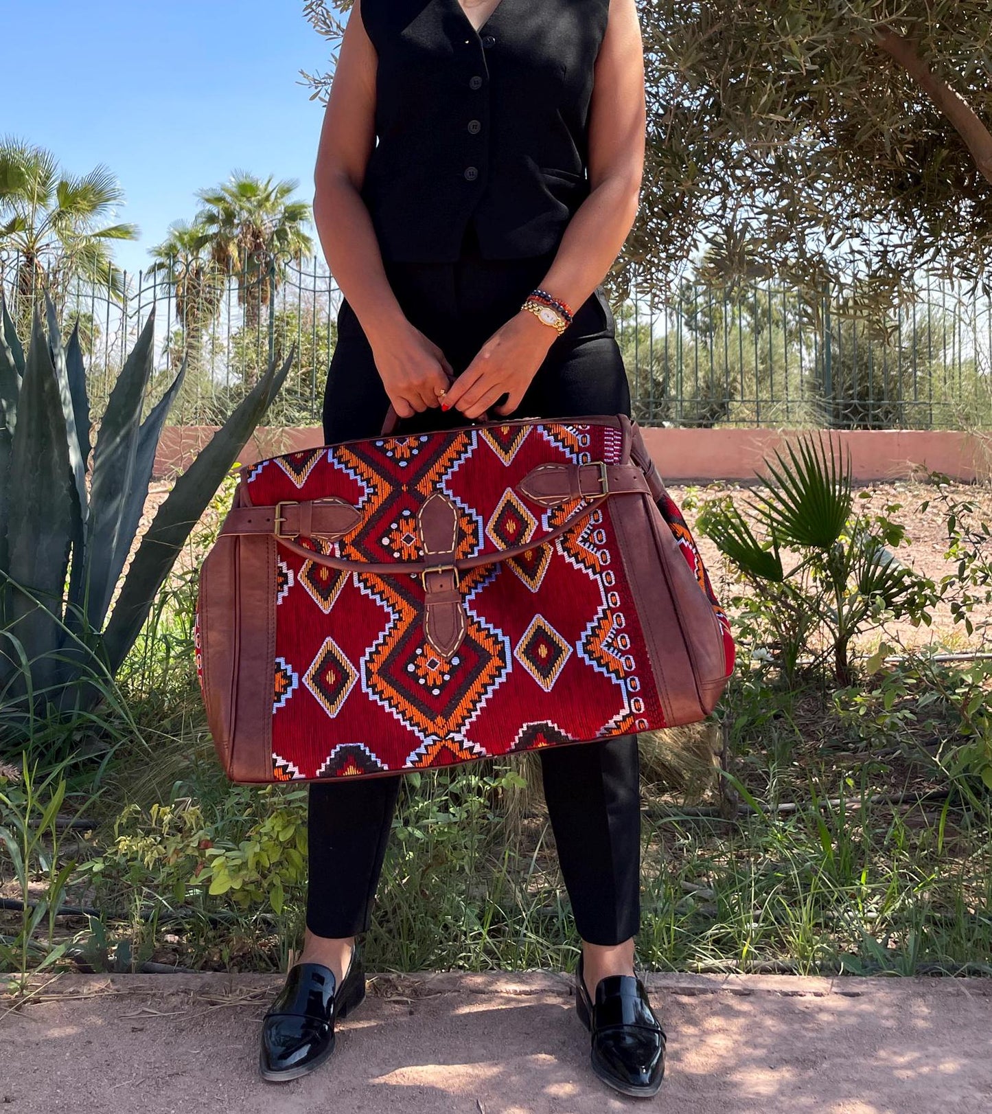 Moroccan Leather Kilim duffle Bag, Black Kilim duffle travel bag, Leather duffle bag, Unisex Kilim Weekender Bag, hipster duffle travel bag