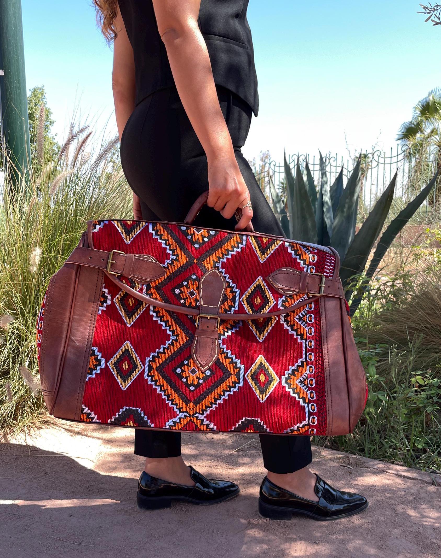 Moroccan Leather Kilim duffle Bag, Black Kilim duffle travel bag, Leather duffle bag, Unisex Kilim Weekender Bag, hipster duffle travel bag